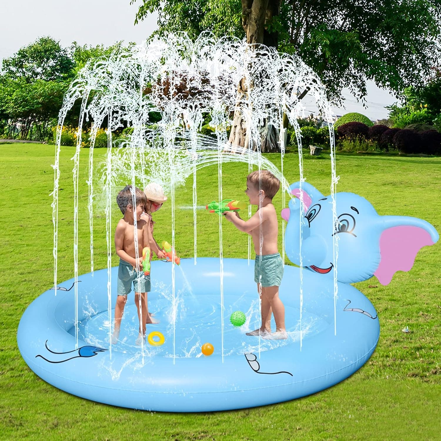 lunaoo Inflatable Splash Sprinkler Pad, 65" Spray Baby Wading Pool Summer Outdoor Water Toys Sprinkle Mat for Babies Toddlers and Boys Girls, Elephant