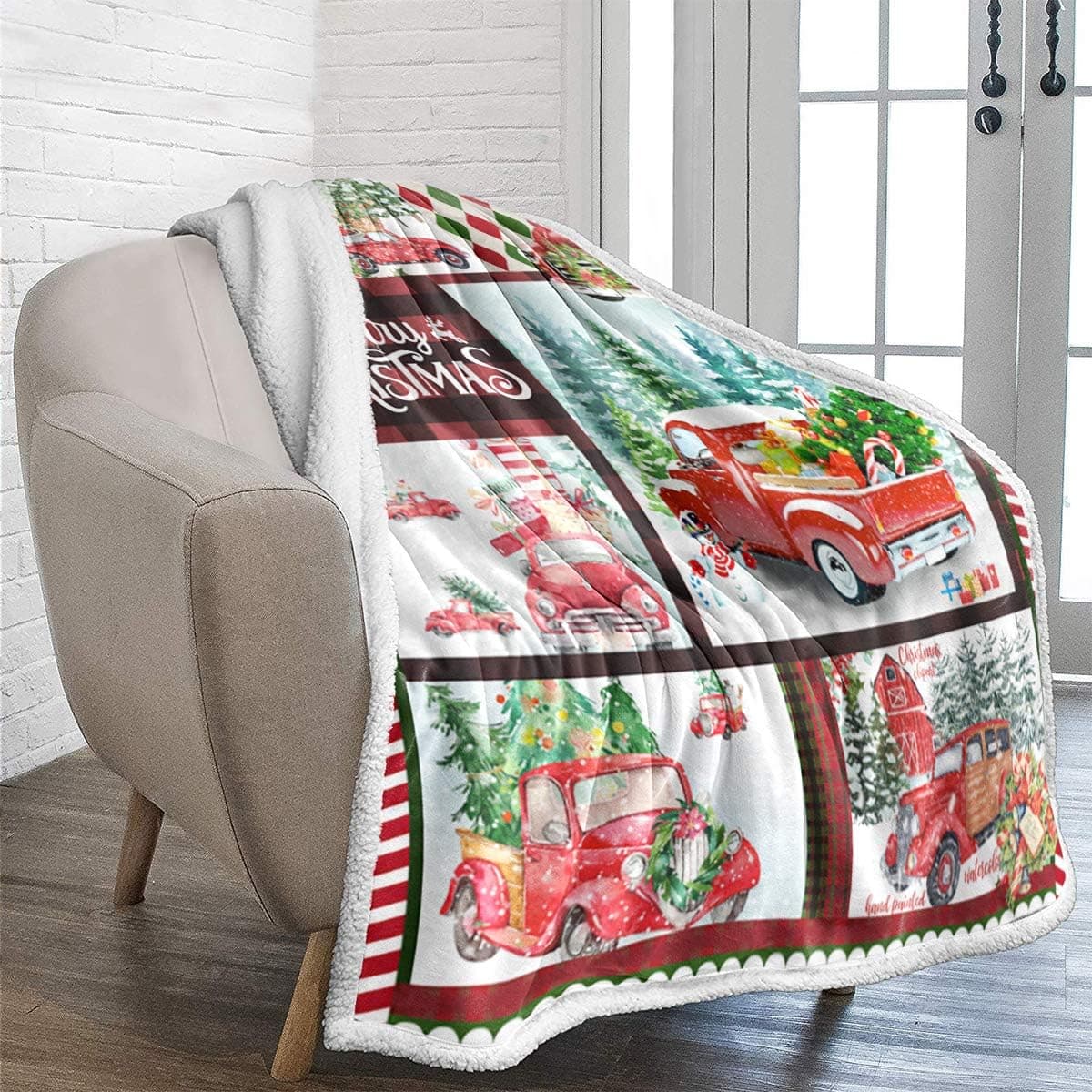 Christmas Blanket Reversible Red Truck Christmas Tree Printed Sherpa Throw Blanket for Kids and Adults,Fuzzy Warm Flush Solid Blanket for Winter Bedding Couch Holidays 50x60 inches