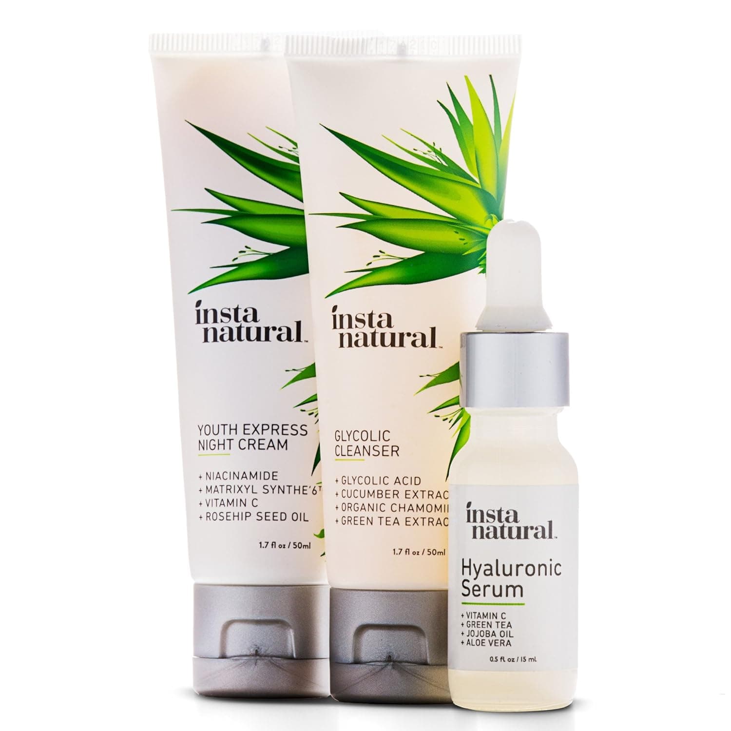InstaNatural Age Defying Skin Trio Bundle - Glycolic Cleanser, Hyaluronic Acid Serum, Night Cream Regimen - Reduce Wrinkles and Fine Lines with an Organic Blend of Extracts, Arginine, and Vitamin C