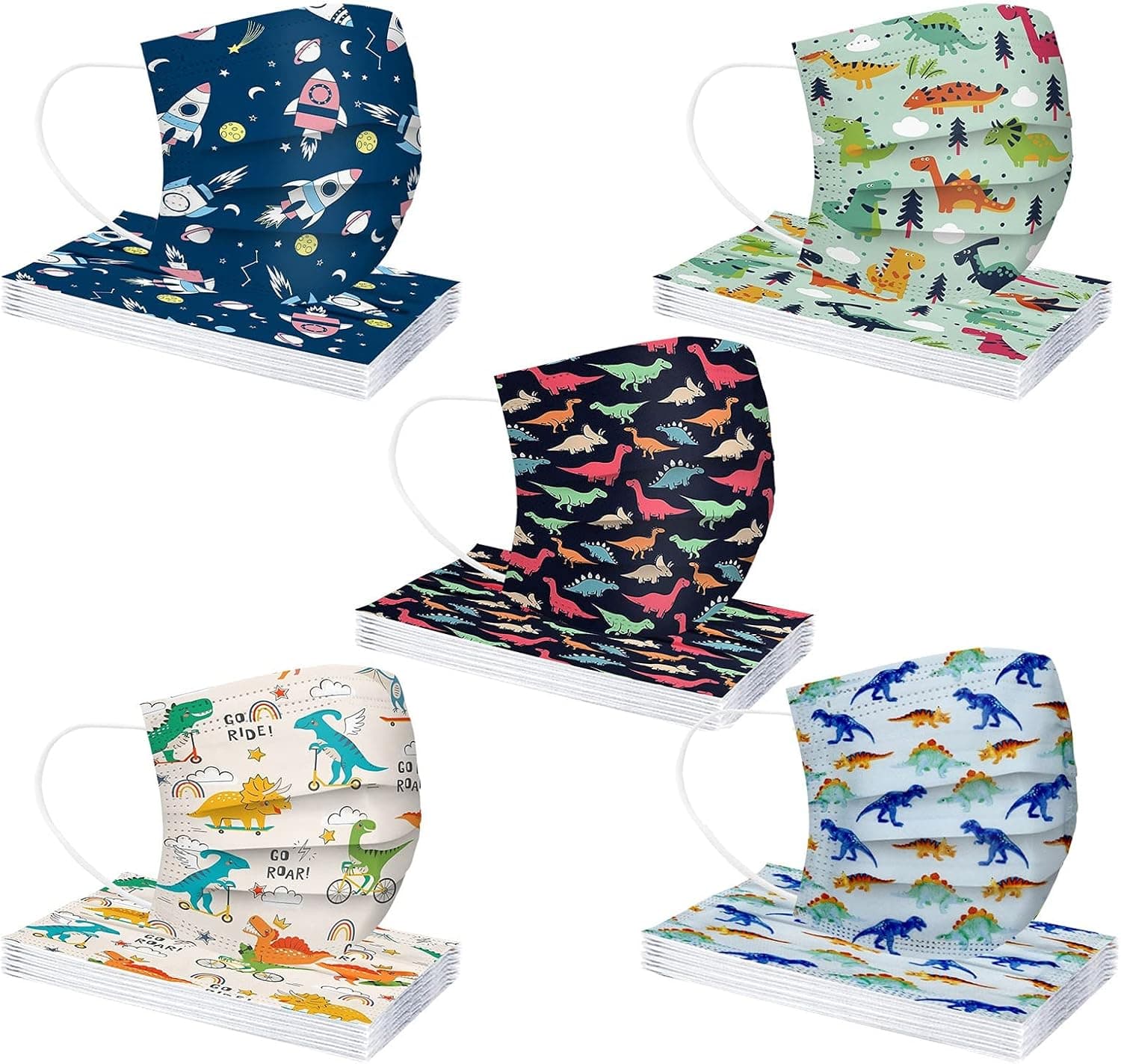Pgyong 50pcs Print Face Mask for Kids Disposable Breathable Face Guard Dinosaur Tie Dye Cartoon Print Facemask School Daily