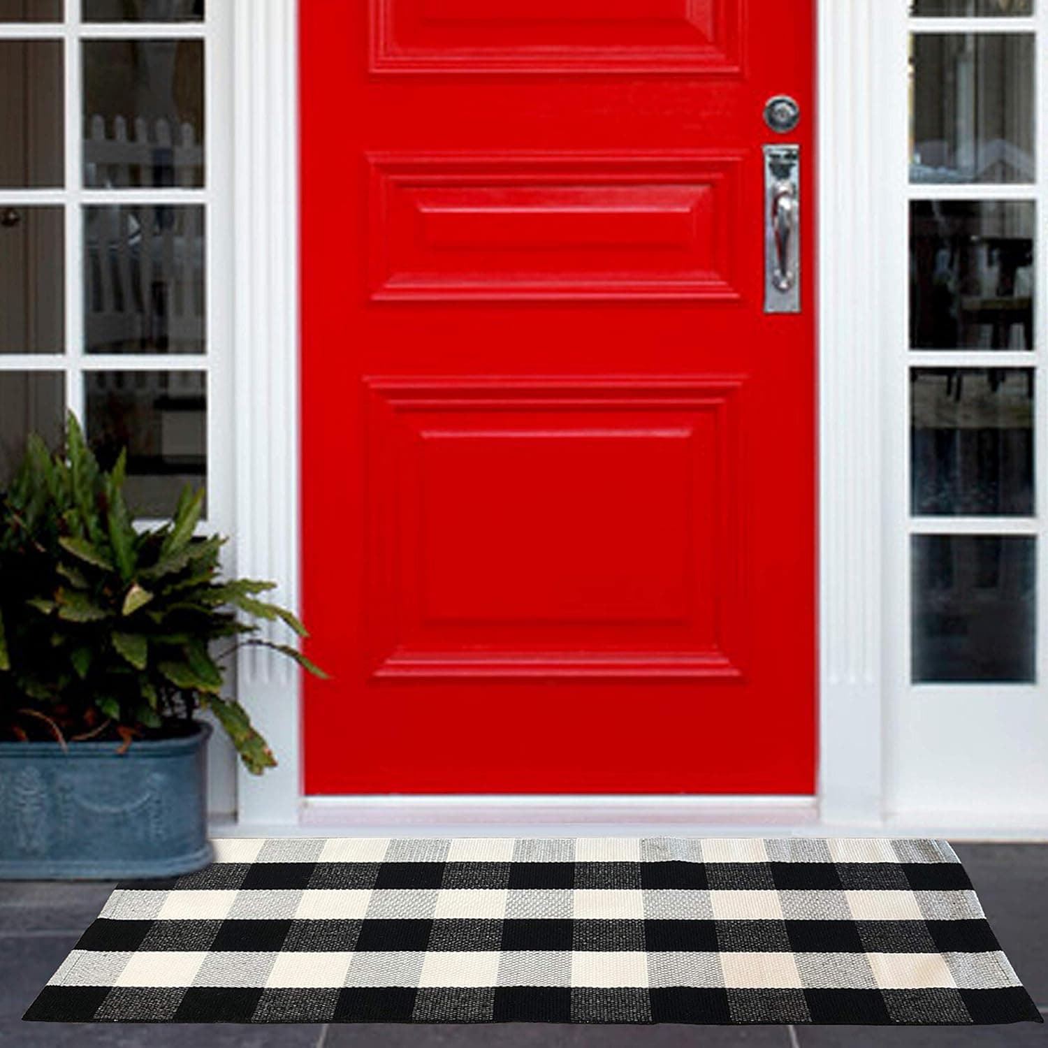 Buffalo Check Outdoor Rug Mat - Buffalo Plaid Rug 24''x51.2'', Black and White Outdoor Rug Includes 4PCS Rug Grippers. Buffalo Check Rug as Front Door mat or Indoors