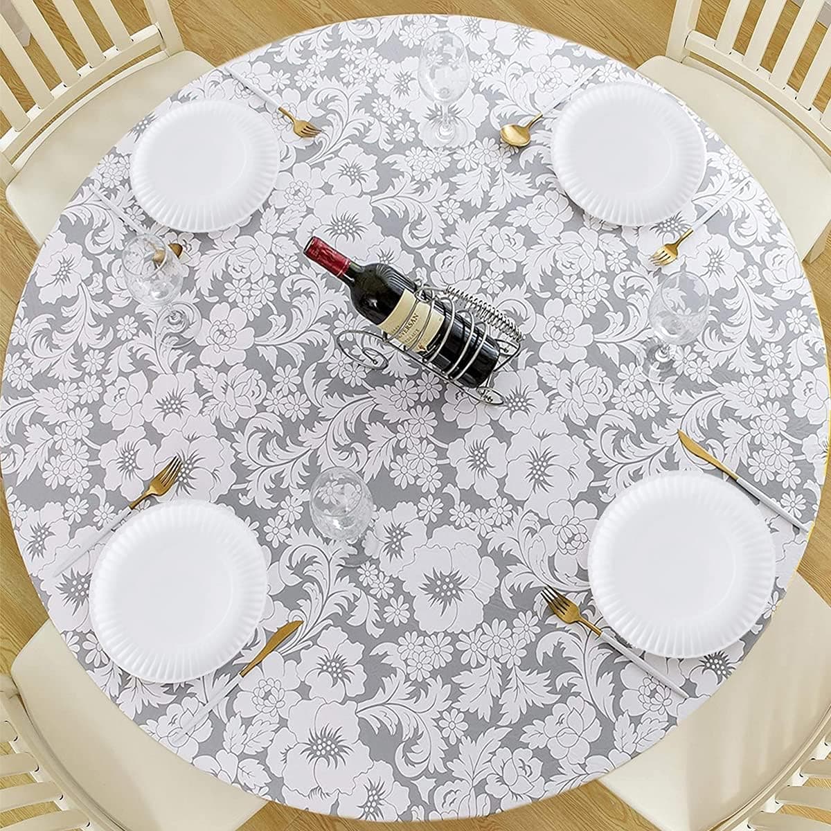ELEOVO Round Fitted Vinyl Tablecloth Elastic Table Cover with Elastic Edge and Flannel Backing,Waterproof Plastic Table Cover for Outdoor, Patio, Kitchen and Dining Room