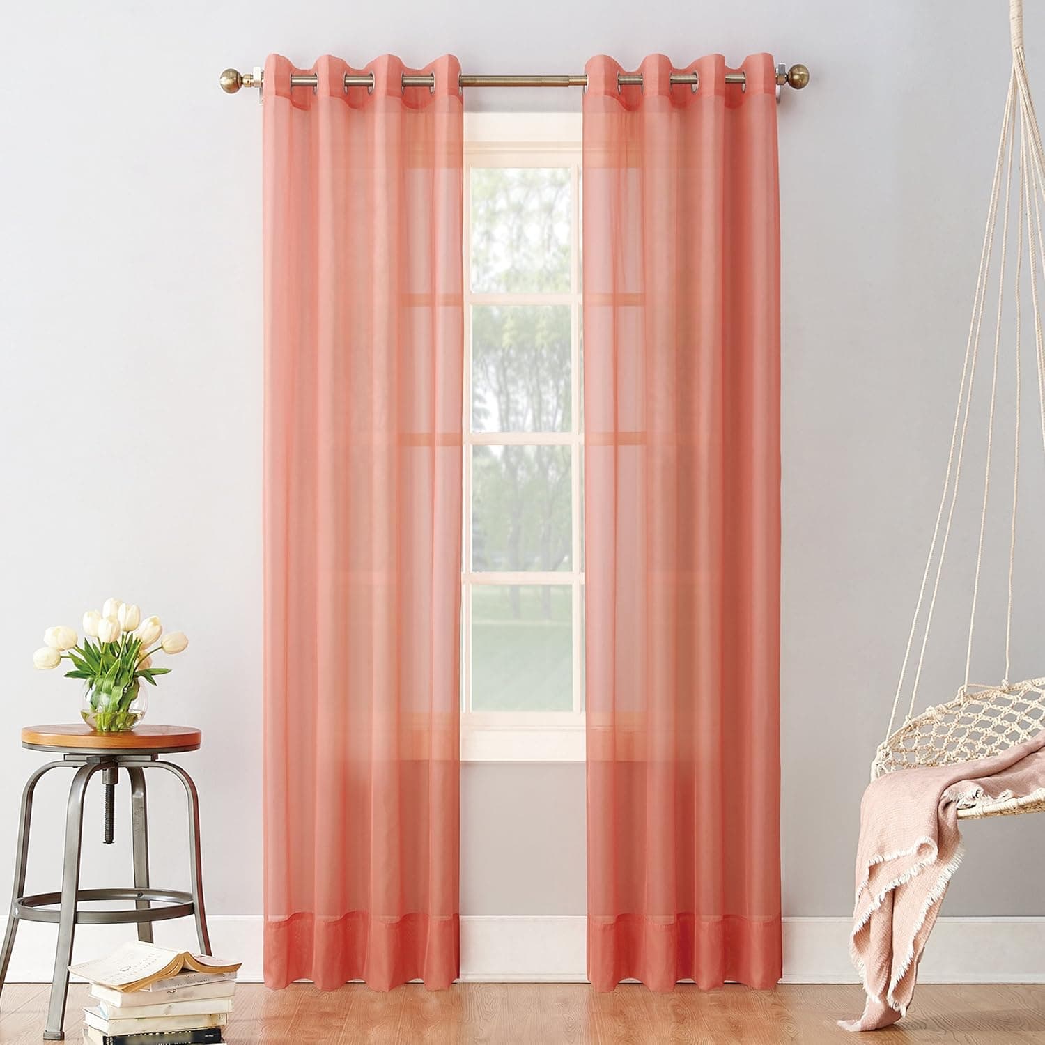 No. 918 Emily Sheer Voile Grommet Curtain Panel, 59" x 84", Coral
