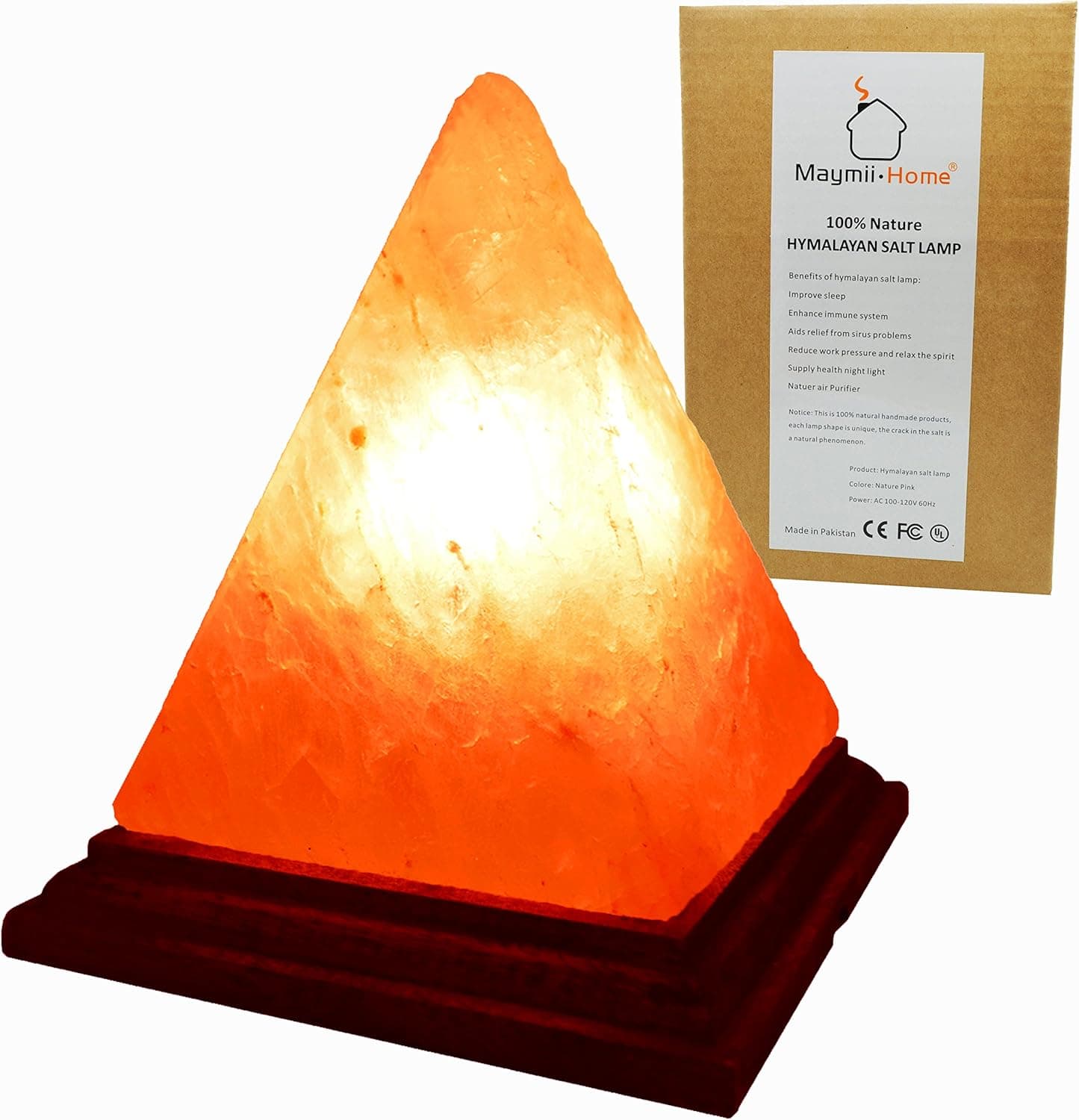 Maymii.Home Large 7.9" 4.5-7 lbs Pyramid Natural Himalayan Rock Salt Lamp with 6" Wood Base, Dimmer Control, Electric Wire & Bulb