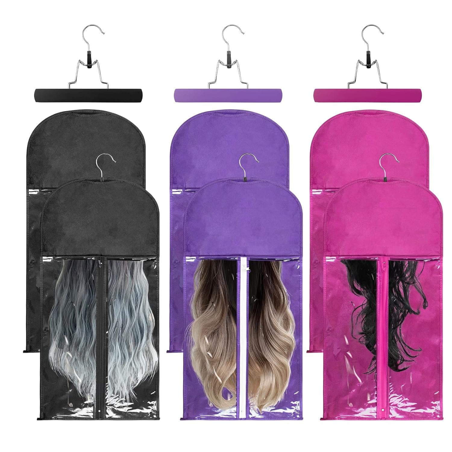 FLMOUTN 6 Pack Portable Hair Extension Holder, Dust-proof Wig Storage Bag With Anti-Slip Hair Extension Hanger, Strong Holder with Protection Case Set for Women Hair