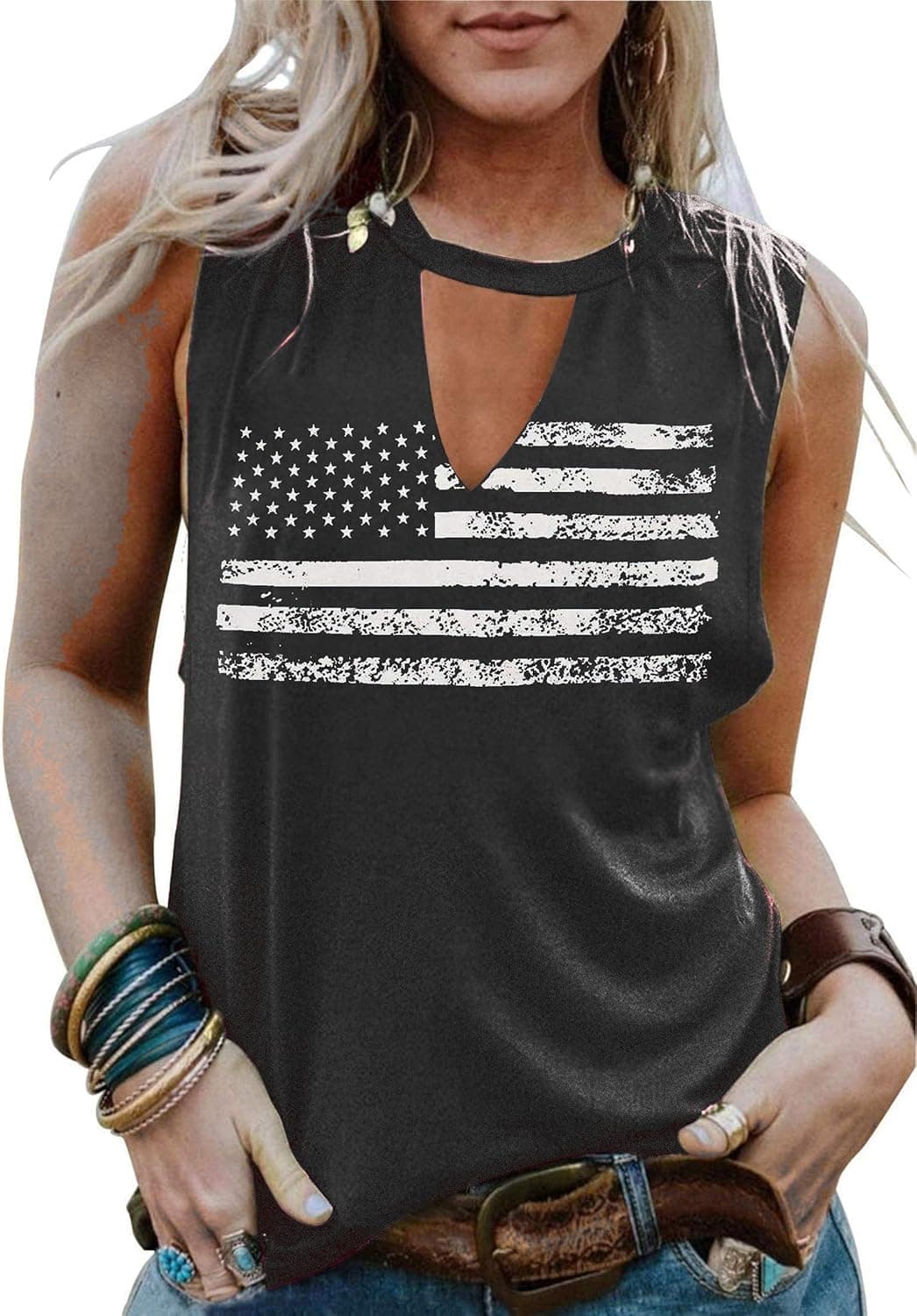 Patriotic Tops for Womens American July 4th Outfits Sexy USA Flag Stars Stripes V Neck Sleeveless Tshirts