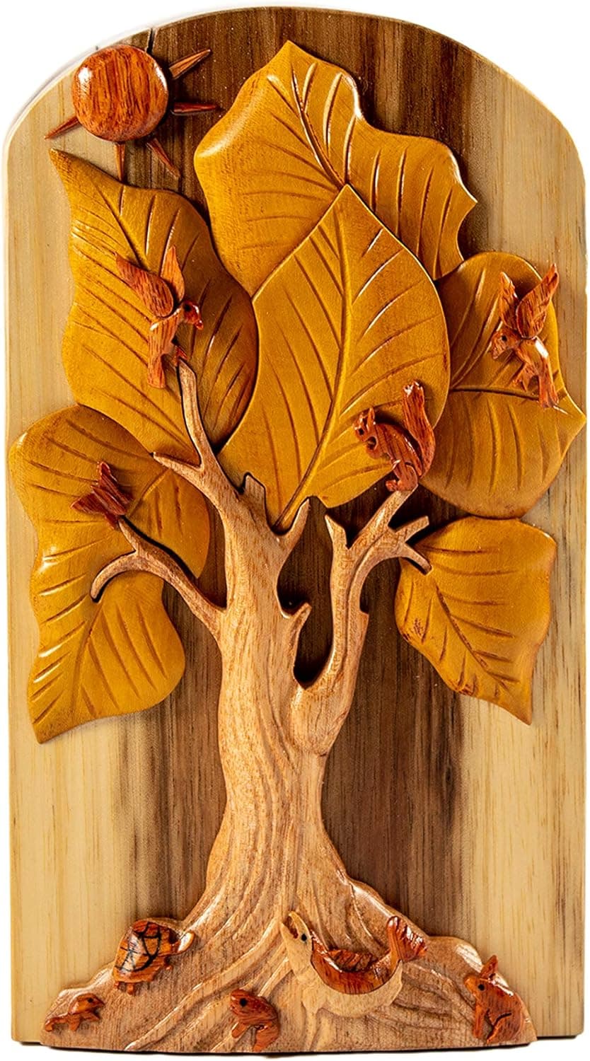 Tree of Life Memories Hand-Carved Puzzle Box with No Paints! No Stains! Hidden Felt Lined Interior That hides Jewelry, Gift Cards, or Money. No Two Will Ever be Identical! Pet Carvers