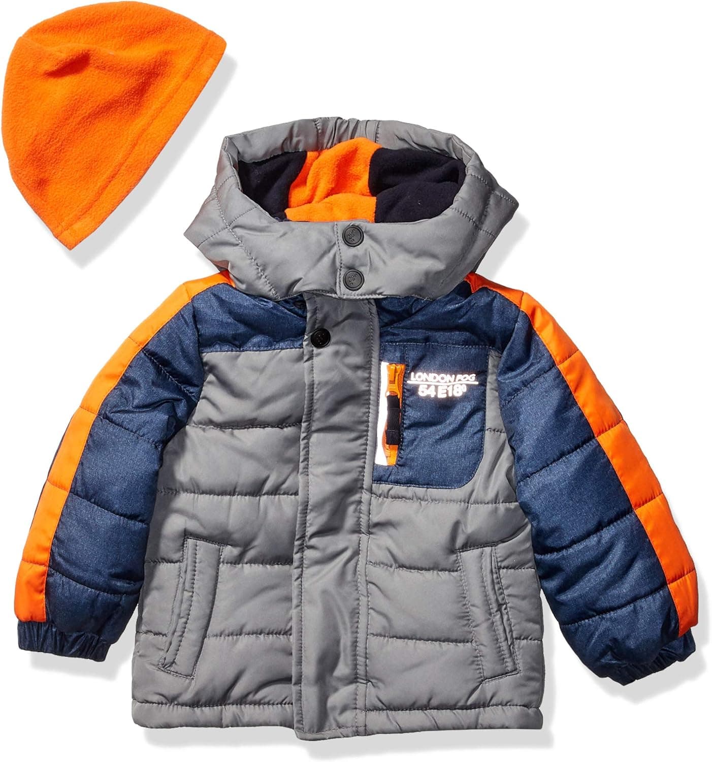 LONDON FOG Boys' Toddler Color Blocked Puffer Jacket Coat with Hat
