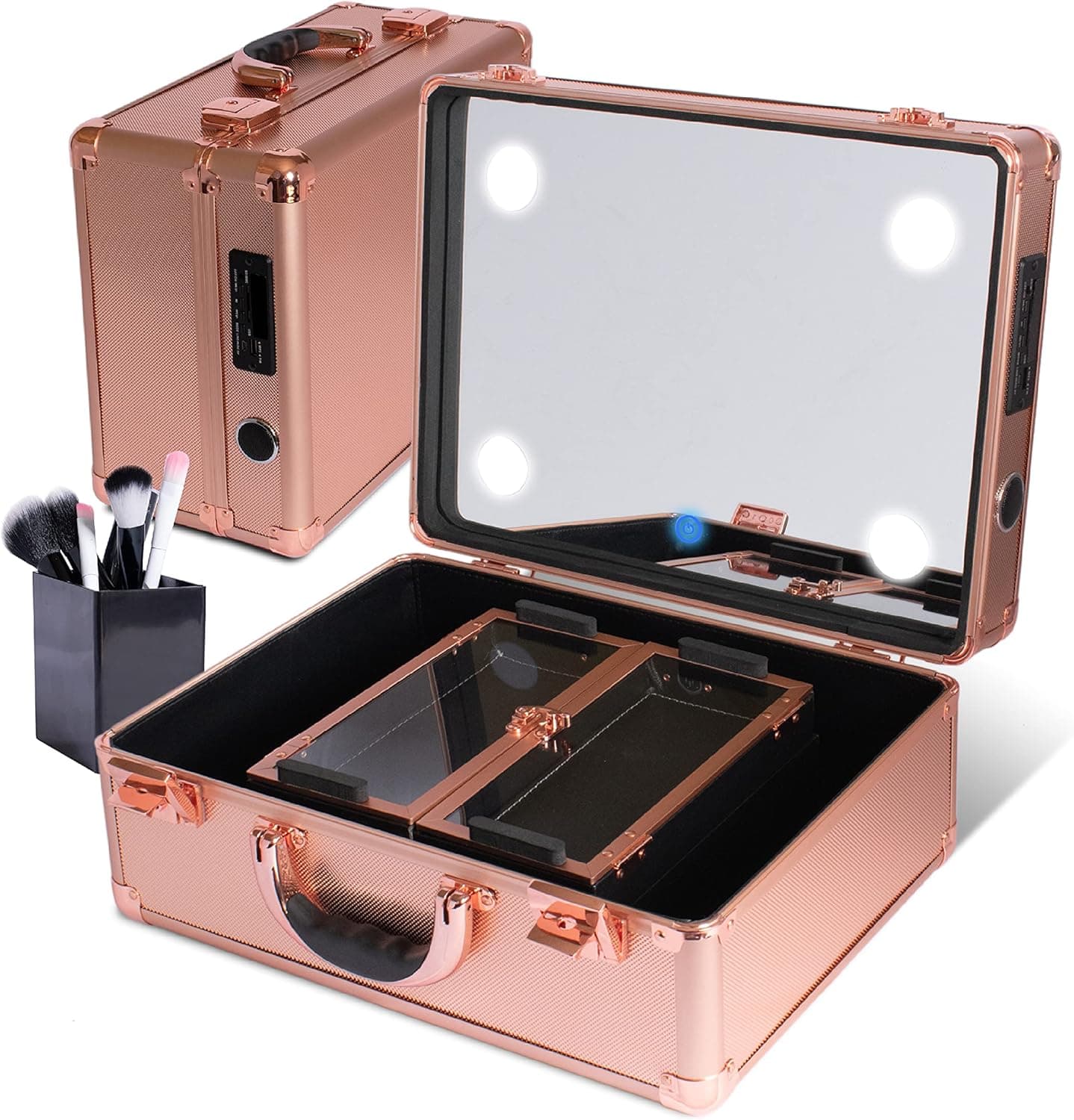 Portable Makeup Train Case – Professional Travel Cosmetic Organizer and Storage Box with Full Mirror with Built in Lights (3 Dimmable Light Colors) and M-u-s-i-c/Player, Beauty Vanity Handle Case perfect for Makeup Artist (Rose Gold)