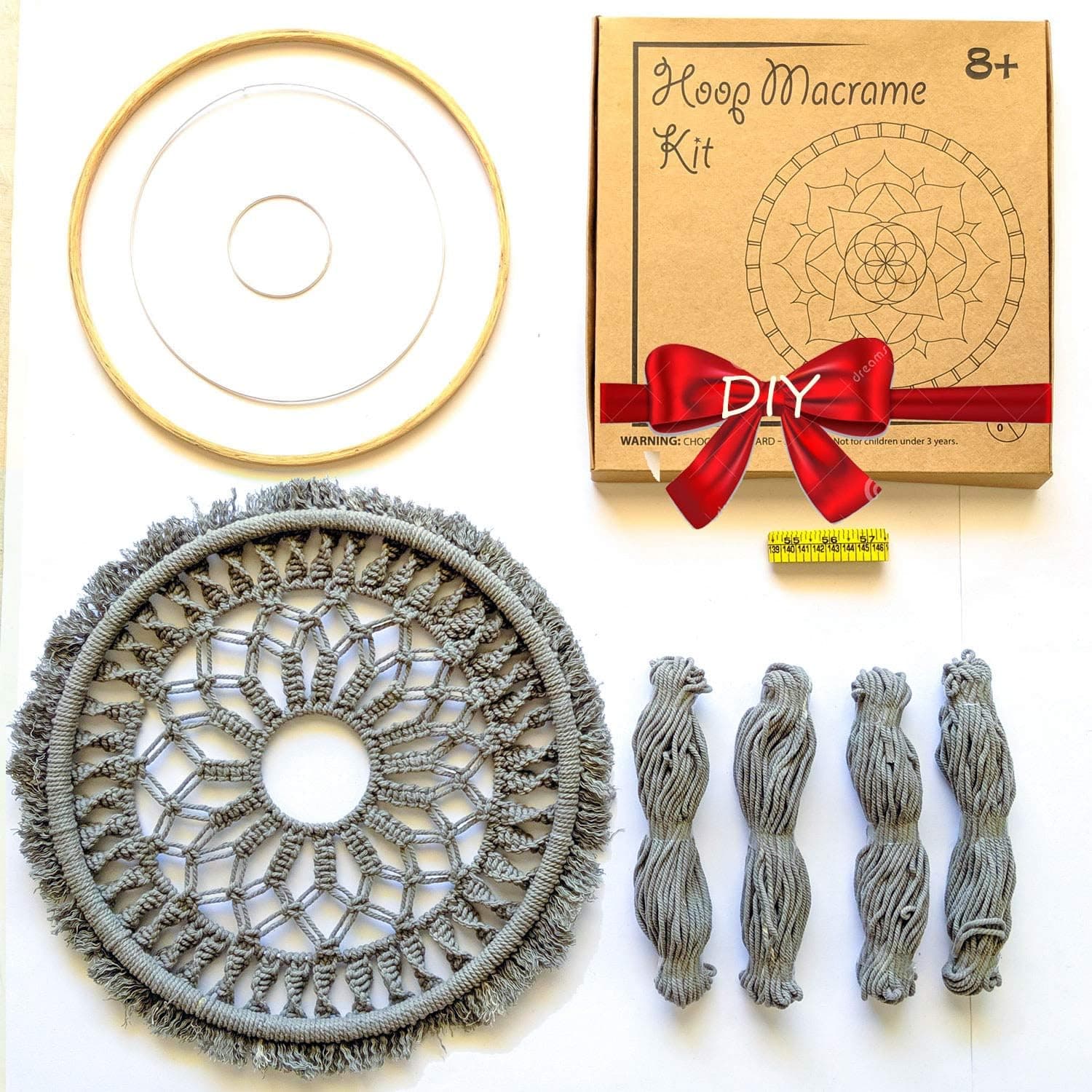 Mandala Life ART DIY Gray Round Macrame Kit 12" – Make Your Own Bohemian Wall Hanging with All-Natural Materials-Creative Activity Set Includes Premium Cotton Yarn Cord Rope and Wooden Ring Hoop