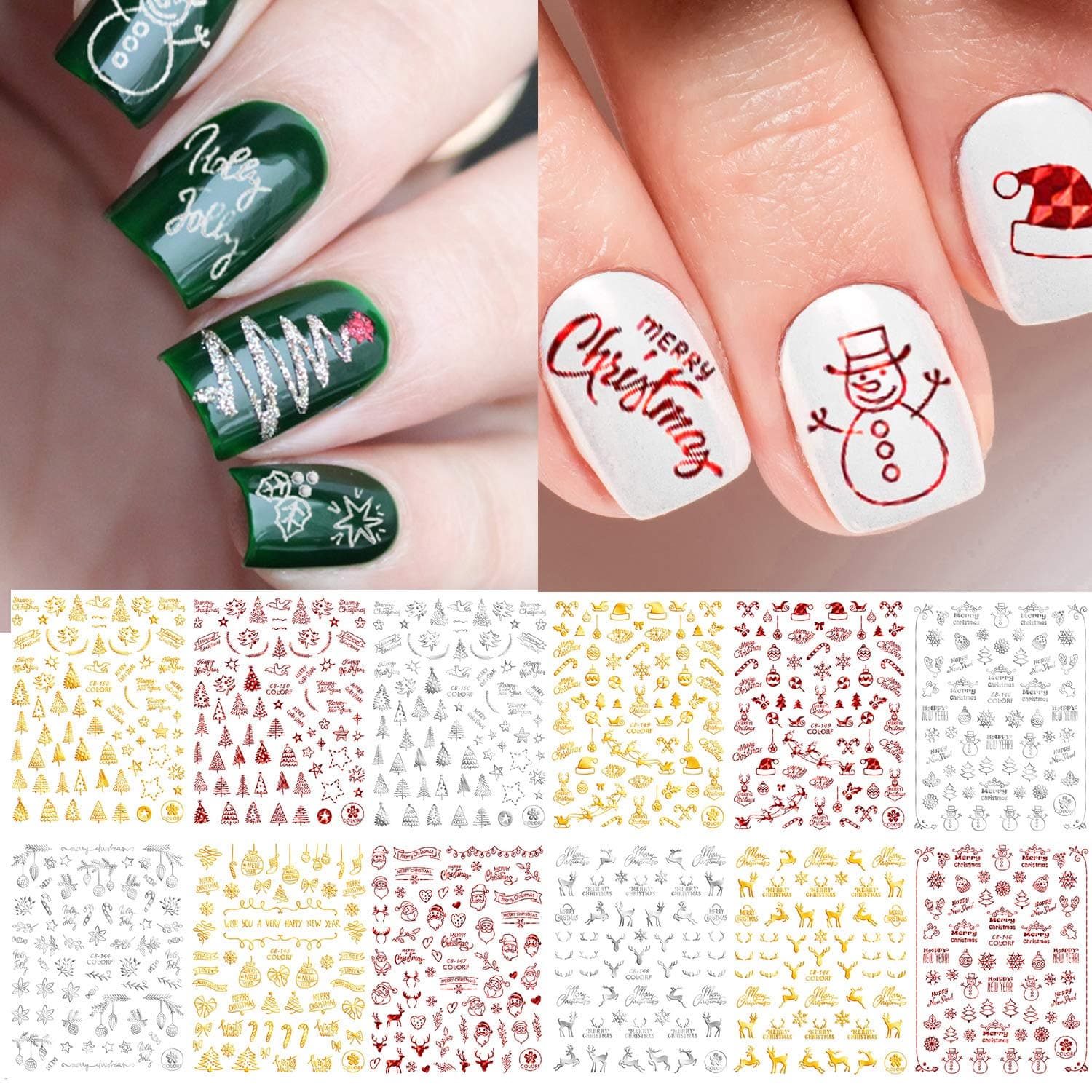 Adurself 12 Sheets Christmas Metallic Nail Art Decals Xmas 3D Nail Self-Adhesive Stickers Santa Claus Reindeer Snowflakes Snowmen for Women Girls Kids DIY Nail Design Manicure (Metallic Red Gold Silver)