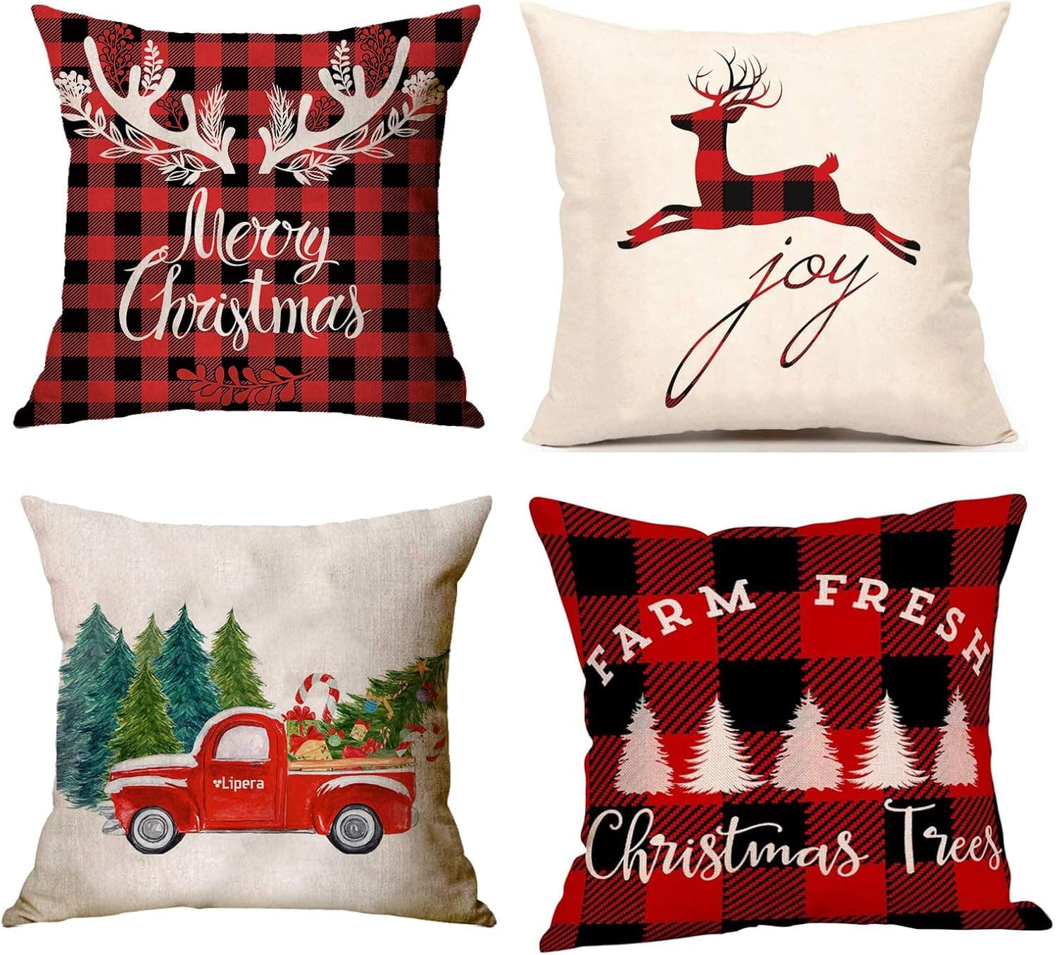 Hiyong Christmas Pillow Covers 18x18 Inch Sets of 4 Farmhouse Pillowcase Christmas Decorative Throw Pillow Covers, Cushion Case Cotton Linen for Couch, Bed and Holiday Decorative