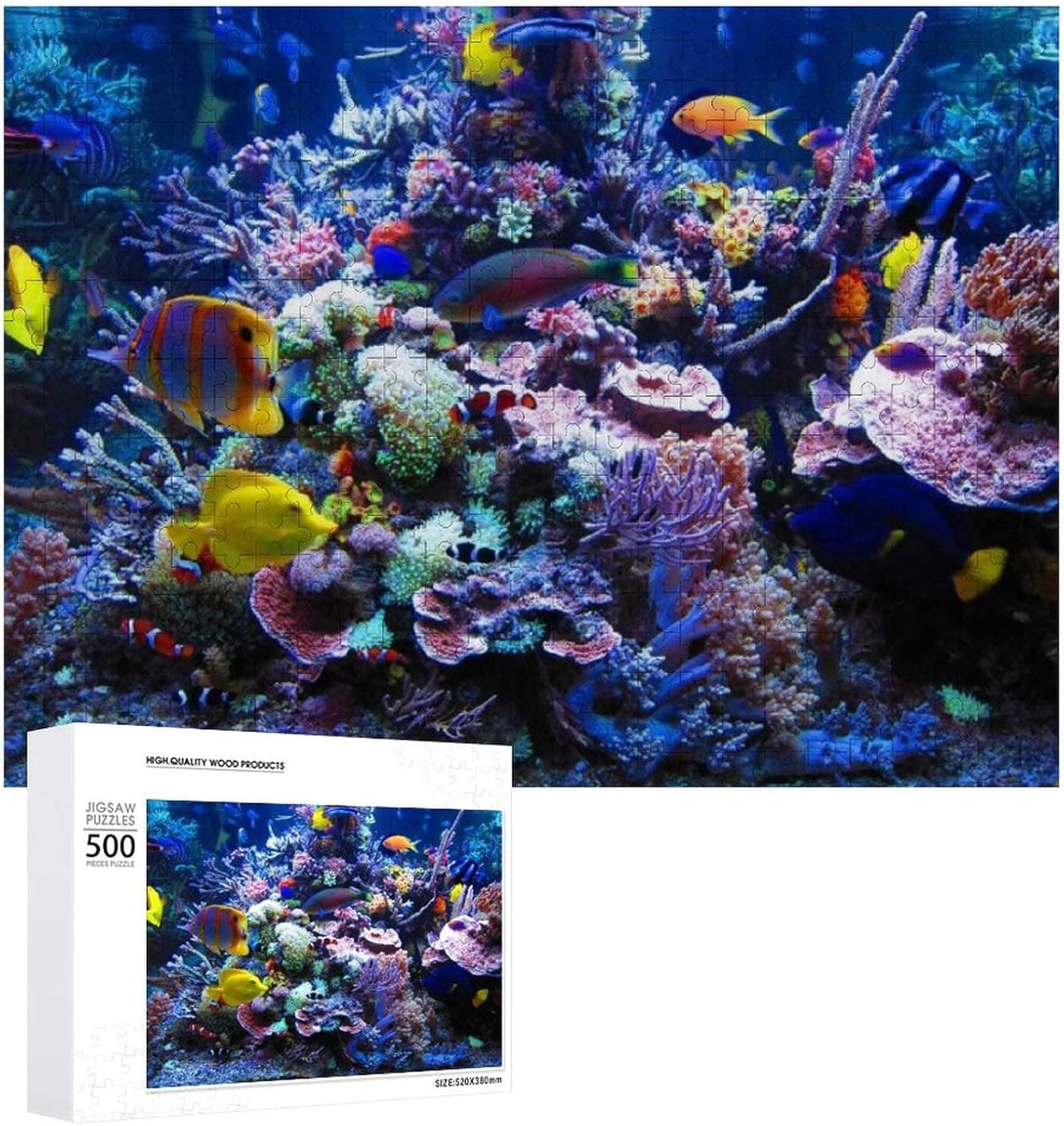 Summer Ocean World Puzzles for Adults 500 Piece, Blue Ocean Underwater Coral Reef Fish Jigsaw Puzzles with Wooden - 20.5x15 inch, Colorful