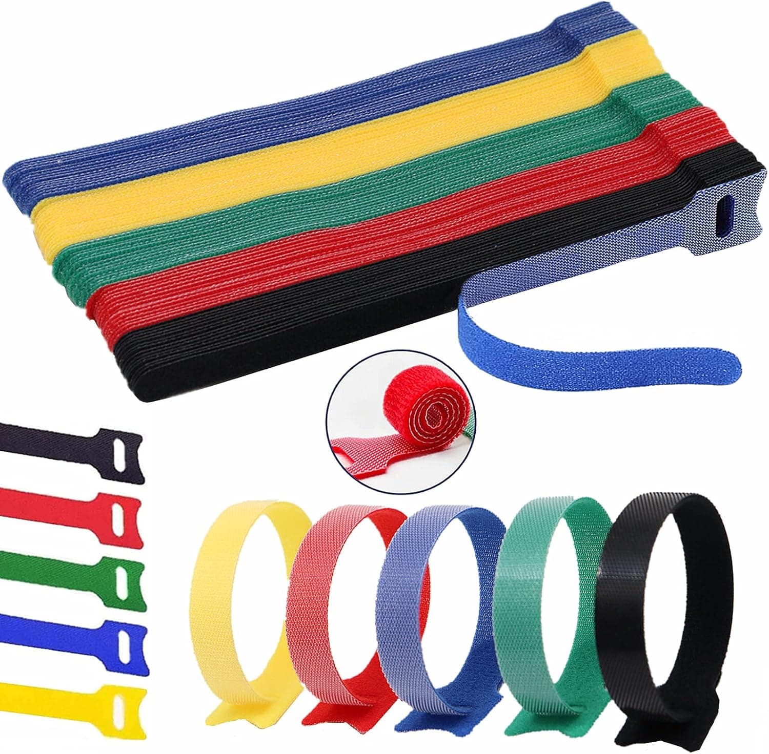 YuGtcen Reusable Cable Ties 7.9" 75PCS,Fastening Cable Straps Adjustable Cord Straps Cable Organizer, Self-Gripping Cord Wrap and Hook Loop Cords Management Assorted Colors