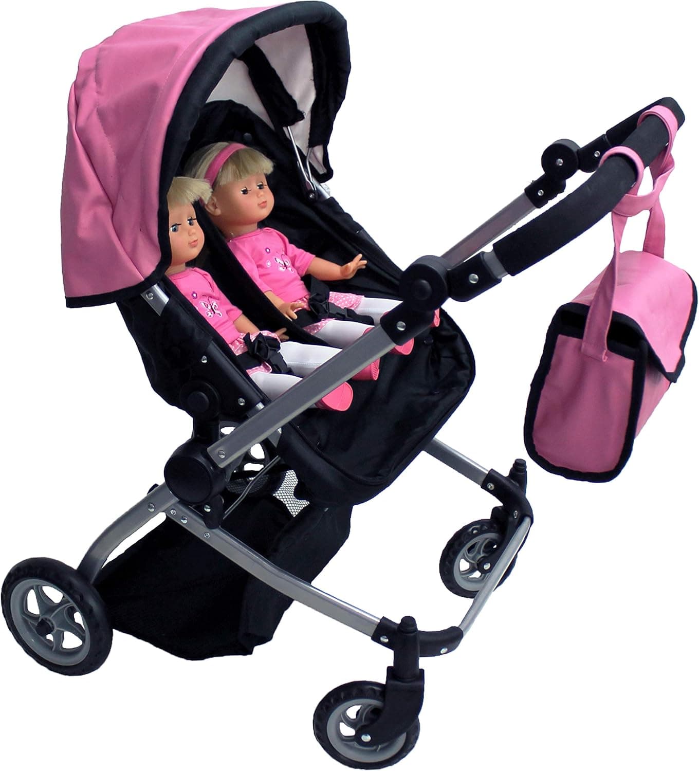 Babyboo Luxury Leather Look Twin Doll Pram Foldable Double Doll Stroller with Basket, Convertible Seat, Adjustable Handle, Swiveling Wheels, and FREE Carriage Bag (Multi Function) - 9651A Pink