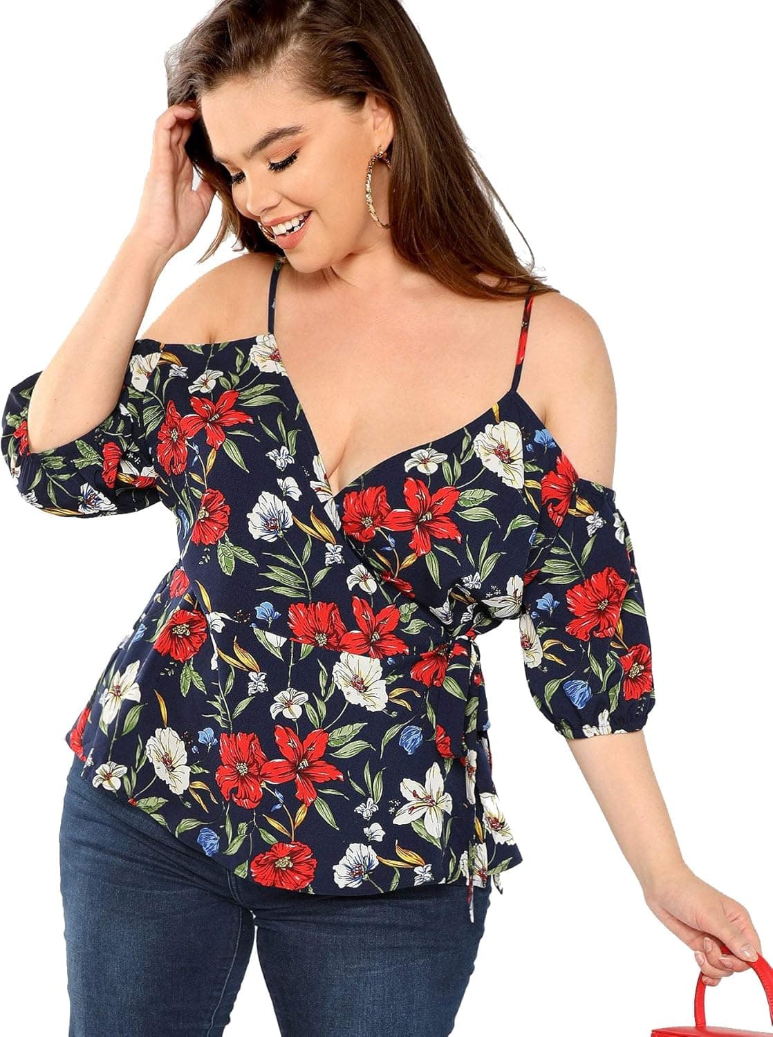 Milumia Women Plus Size Floral Cold Shoulder Peplum Casual Tops Black 1X