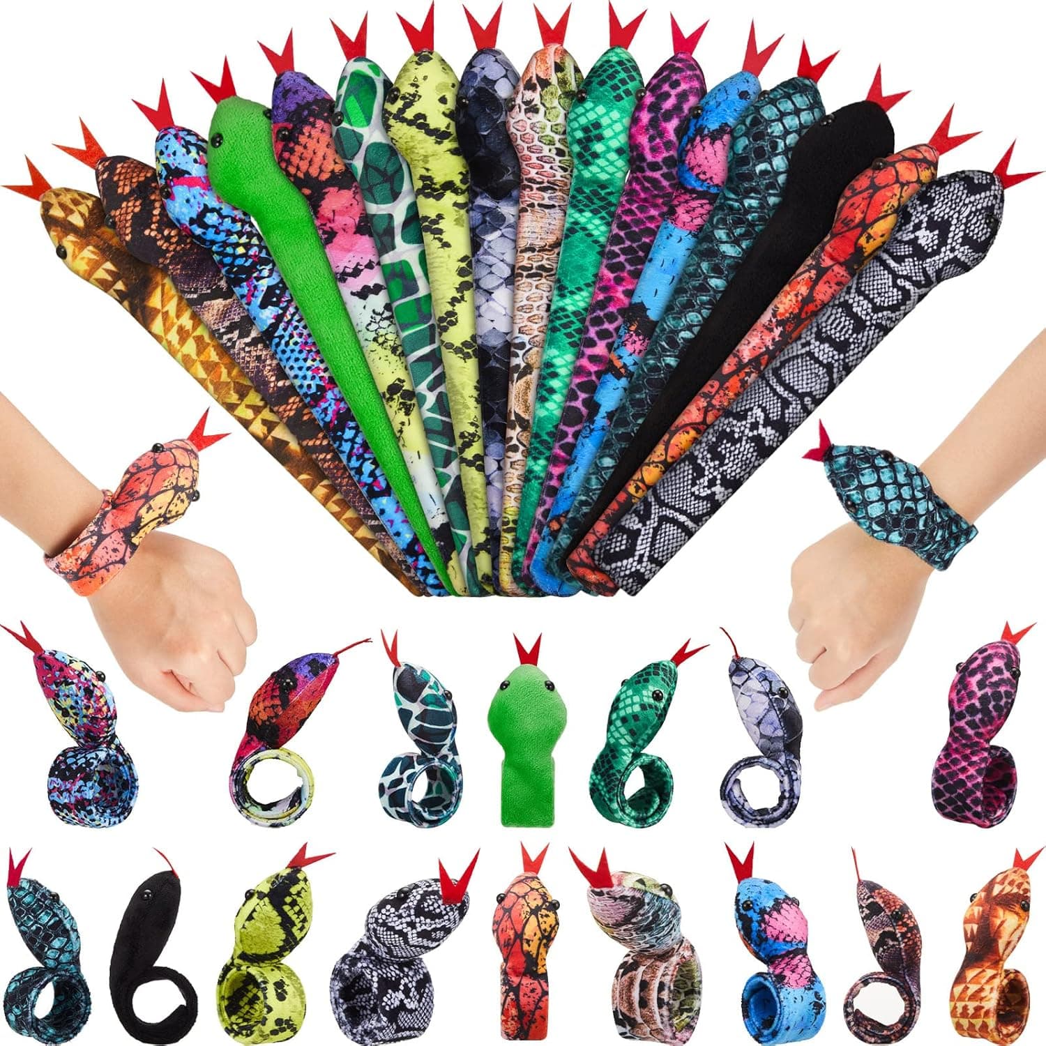 Chivao 16 Pieces Snake Slap Bracelets Reptile Snap Bracelets Fuzzy Animal Snake Bracelet Stuffed Snap Bands Slap Snakes for Birthday Party Favors Jewelry Halloween, 16 Assorted Designs