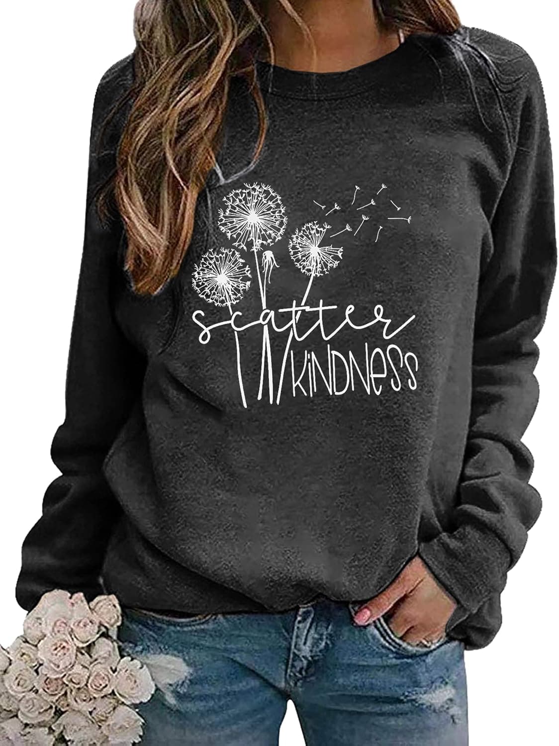 ASTANFY Womens Dandelion Sweatshirt Spread Kindness Faith Sweaters Wildflower Shirt Long Sleeve Loose Fashion Pullover Top