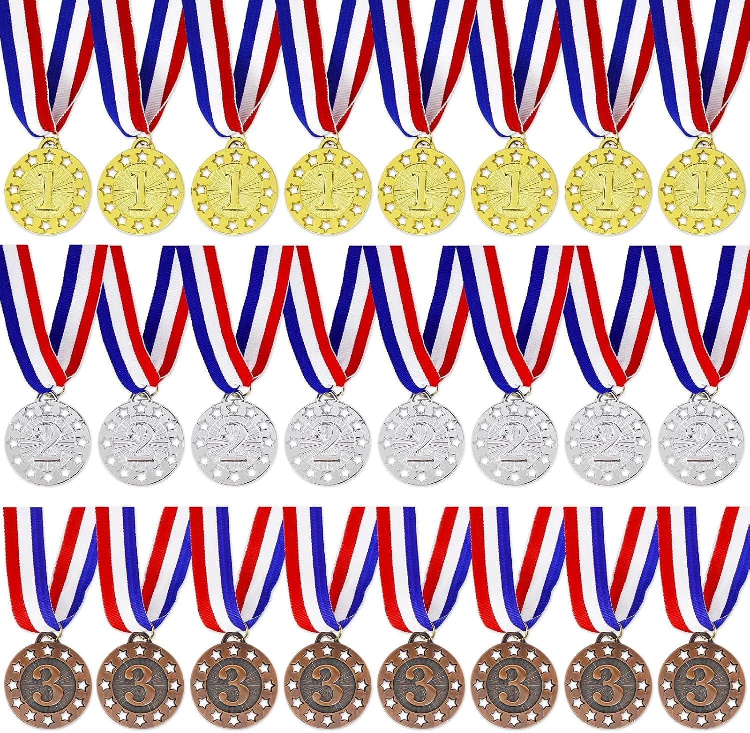 Kodg 24 Pieces Gold Silver Bronze Award Winner Medals-Games, Competition, Parties Olympic Style, White and Blue Neck Ribbon，Decorations for Various Sports Events