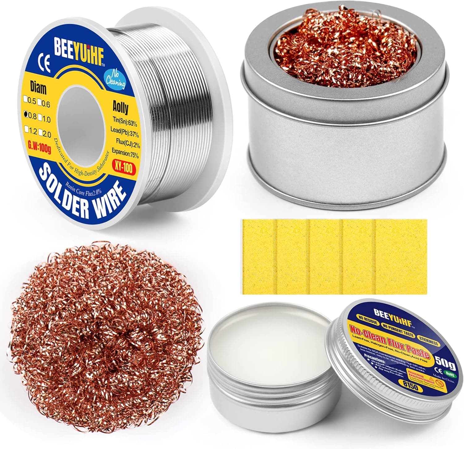 BEEYUIHF Rosin Core + Soldering Paste Flux (1.76oz/50g) + Soldering Iron Tip Cleaners + Soldering Cleaning Sponge, Soldering Tip Kit