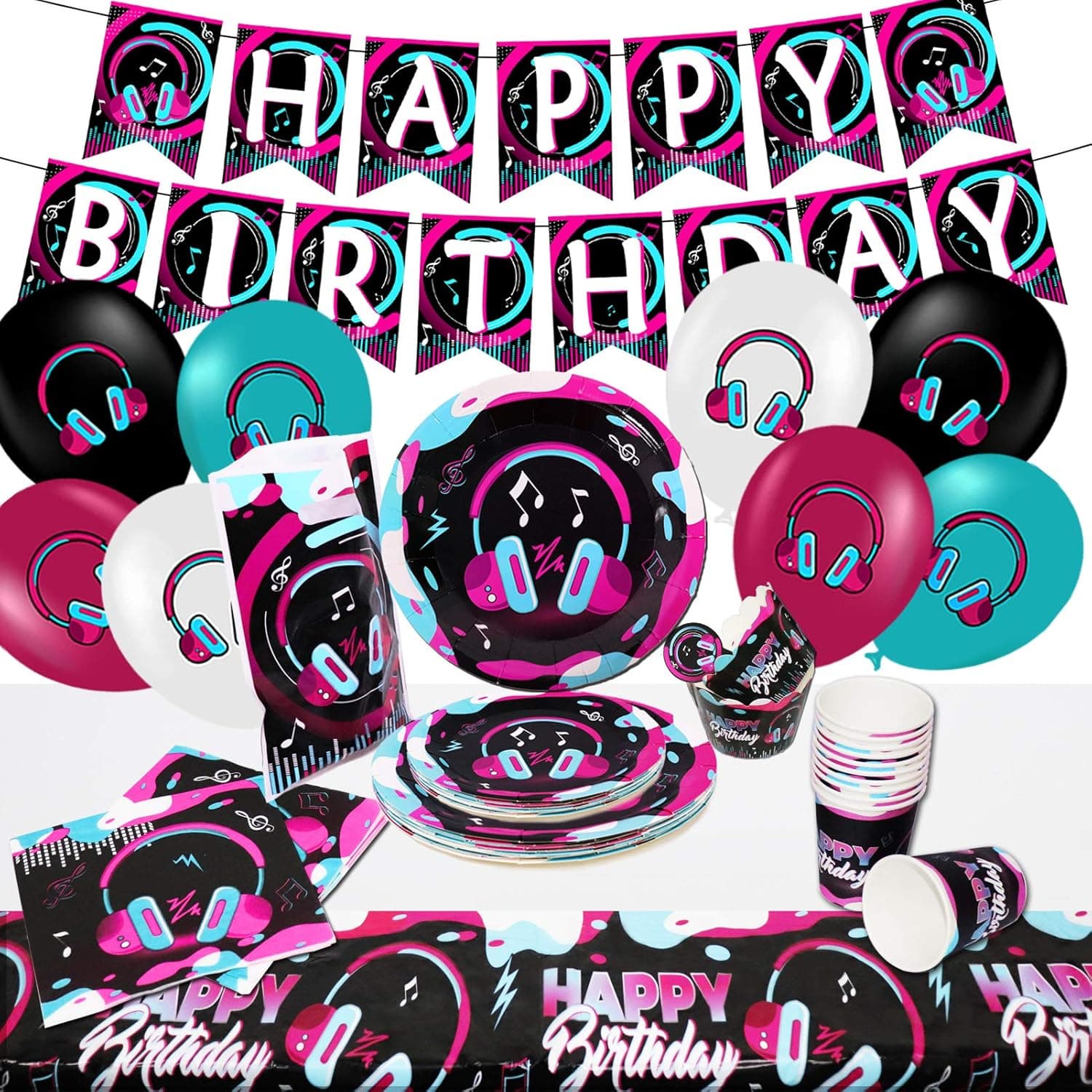 【90pcs】Music Themed Party Decorations,TiC Tok Party Supplies,8 Ballons,Tablecloth,10 Party Candy Favors Bags，Banner,20 Plates,10 Cake Toppers,10 Cups,20 Napkins,Social Media Birthday Party Supplies