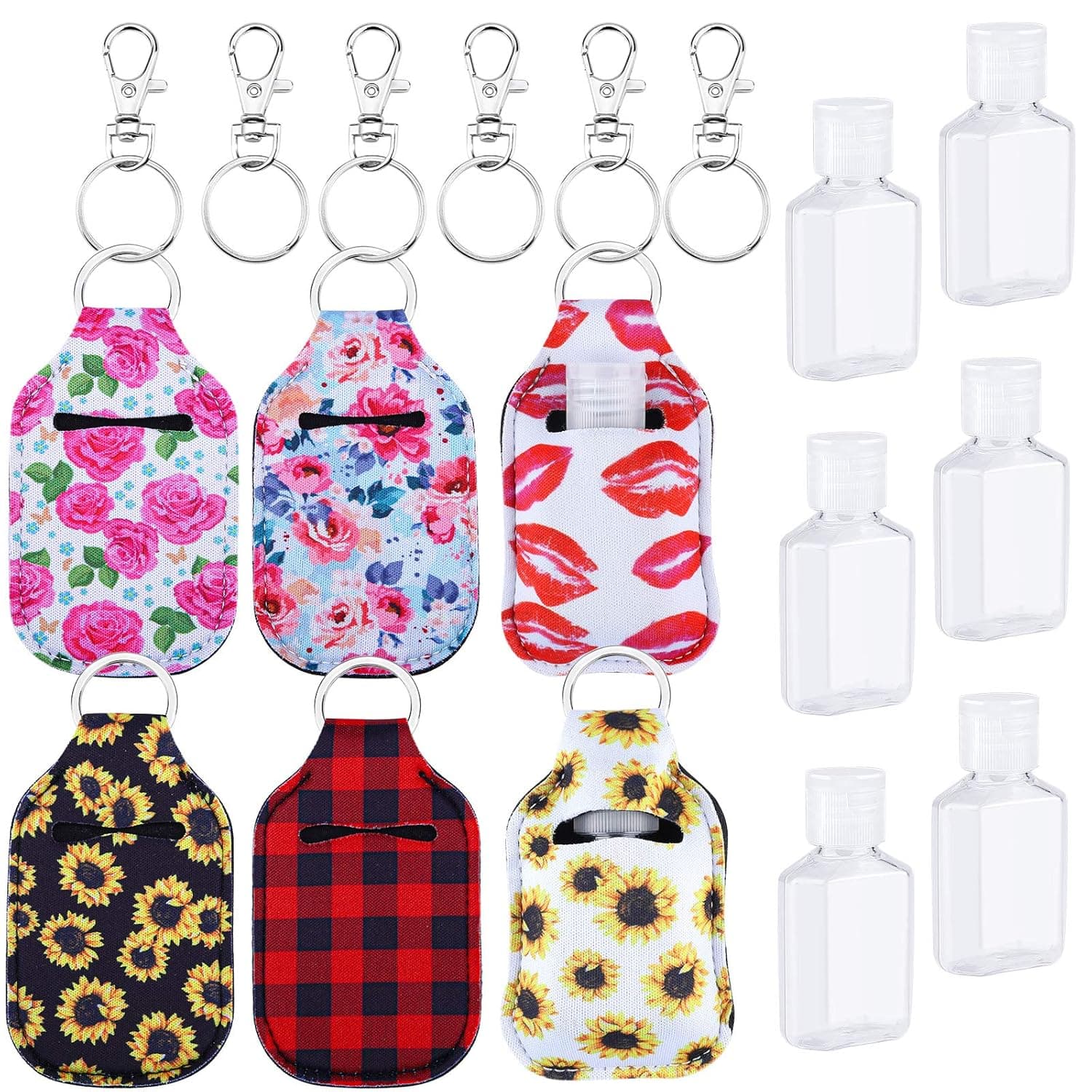 Aodaer 6 Pack Empty Travel Size Bottle and Keychain Holder Set 30 ml Flip Cap Reusable Bottles with Keychain Carriers Refillable Containers for Soap, Lotion, and Liquids Mixed Pattern1