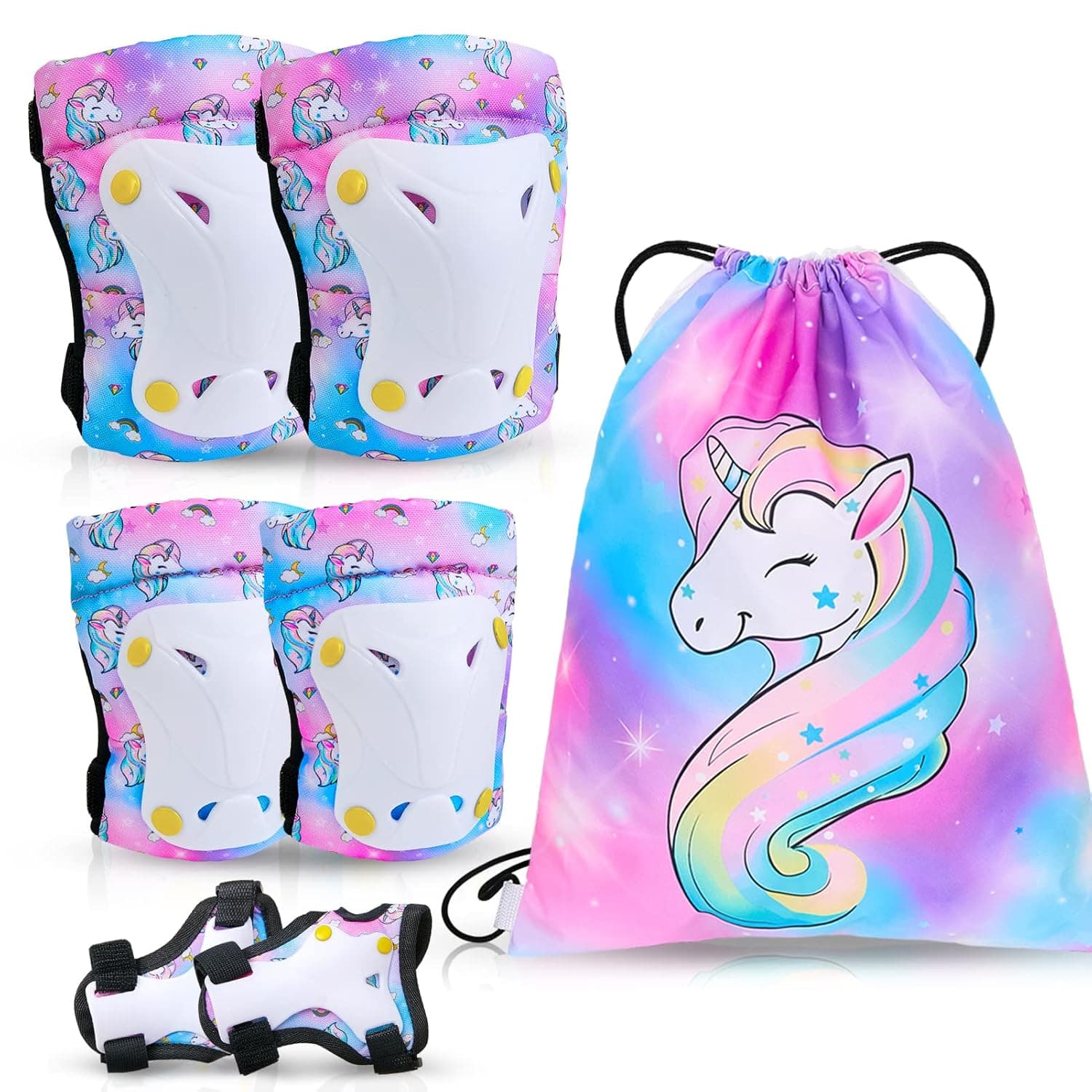 Kids Knee Pads and Elbow Pads Set, Fancy Daisy Unicorn Toddler Protective Gear with Drawstring Bag Wrist Guards for Roller Skating, Ice Skates, Bike, Scooter, 3-8 Years Girls Boys, Sky Purple