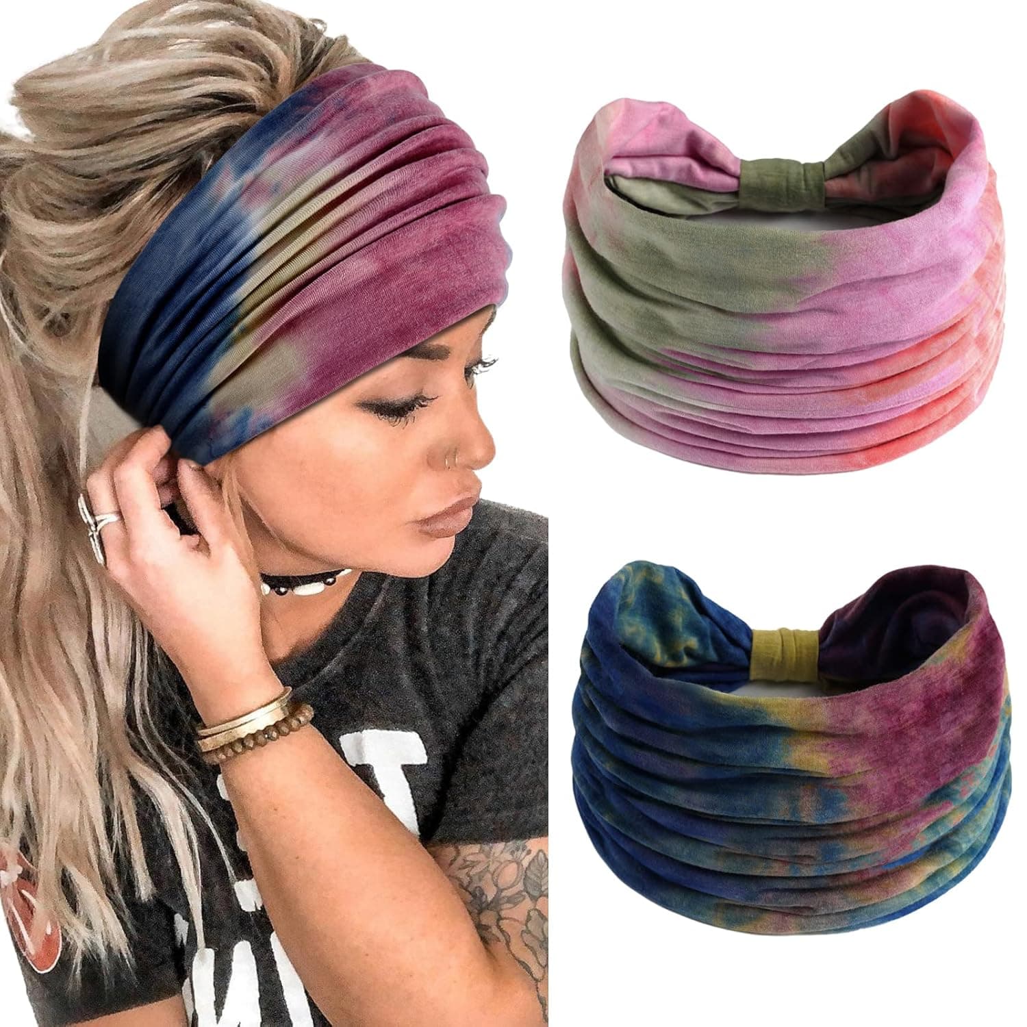 TERSE 2 Packs Headbands for Women Boho Extra Wide 7’’ Head Bands Tie Dye African Knotted Non Slip Fashion Printed Hair Band Stretch Yoga Workout Running Gym Hairbands Turban Bandana for Girls