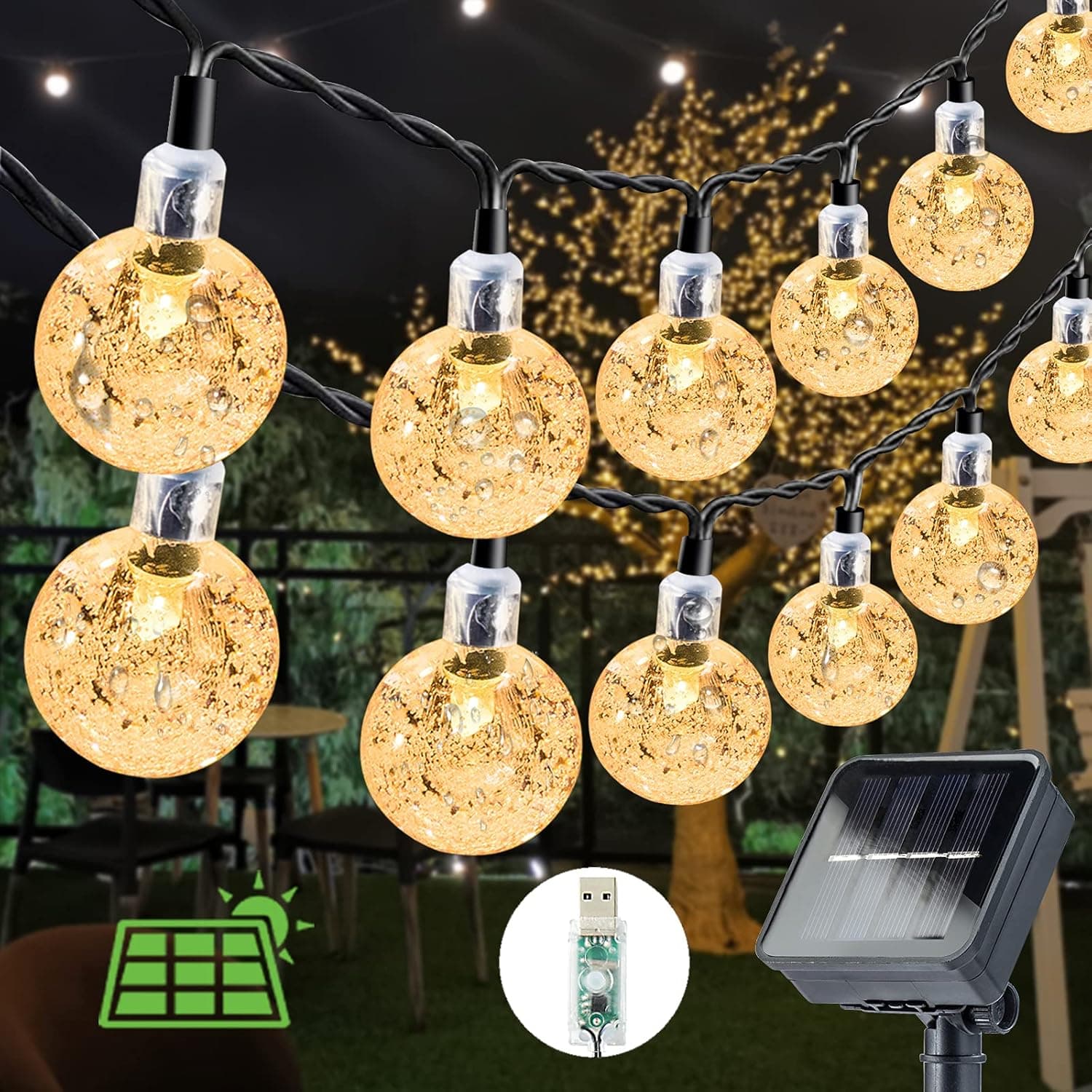 Solar String Lights Outdoor 60 LED 36ft Solar Patio Lights with 8 Modes, Solar Powered/USB , Waterproof Crystal Ball String Lights for Patio, Lawn, Garden, Wedding, Party, Christmas Decor(Warm White)