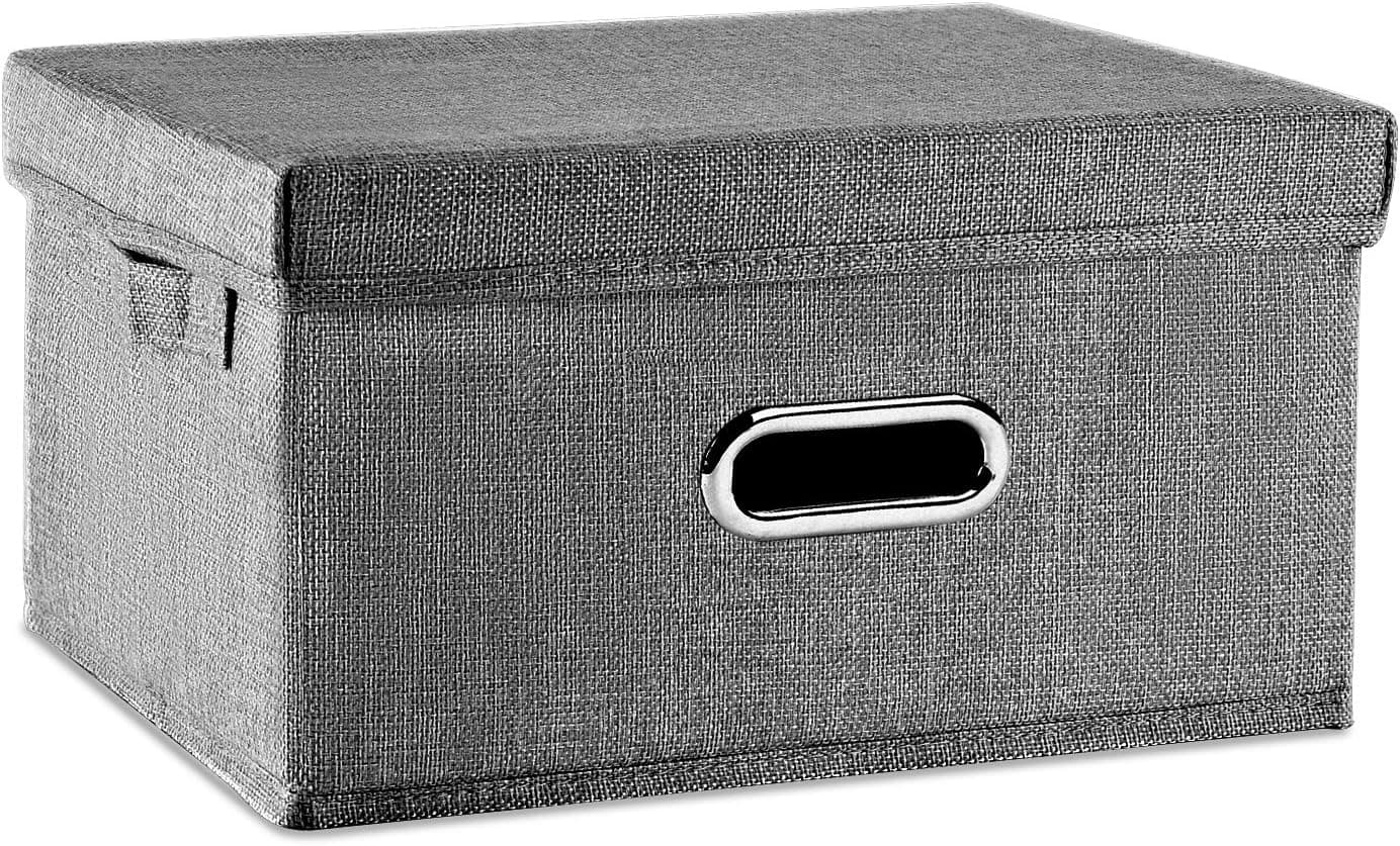 HONGKERNE Linen Fabric Storage Bin with Lid[1-Pack] Foldable Storage Box Organizer Storage Basket with Lid Closet Storage Bins for Clothes Storage Containers for Bedroom Office Home (Gray, Small)