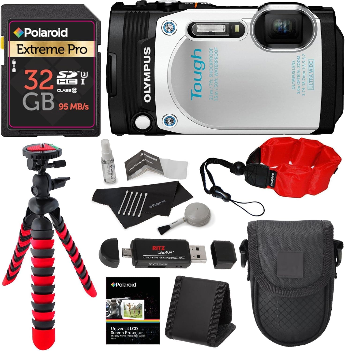 Olympus TG-870 Tough Waterproof Digital Camera (White) + 32GB Class 10 + Memory Card Reader + 12" Tripod + Camera Case + Polaroid Floating Foam Strap + Polaroid Cleaning Kit + Accessory Bundle