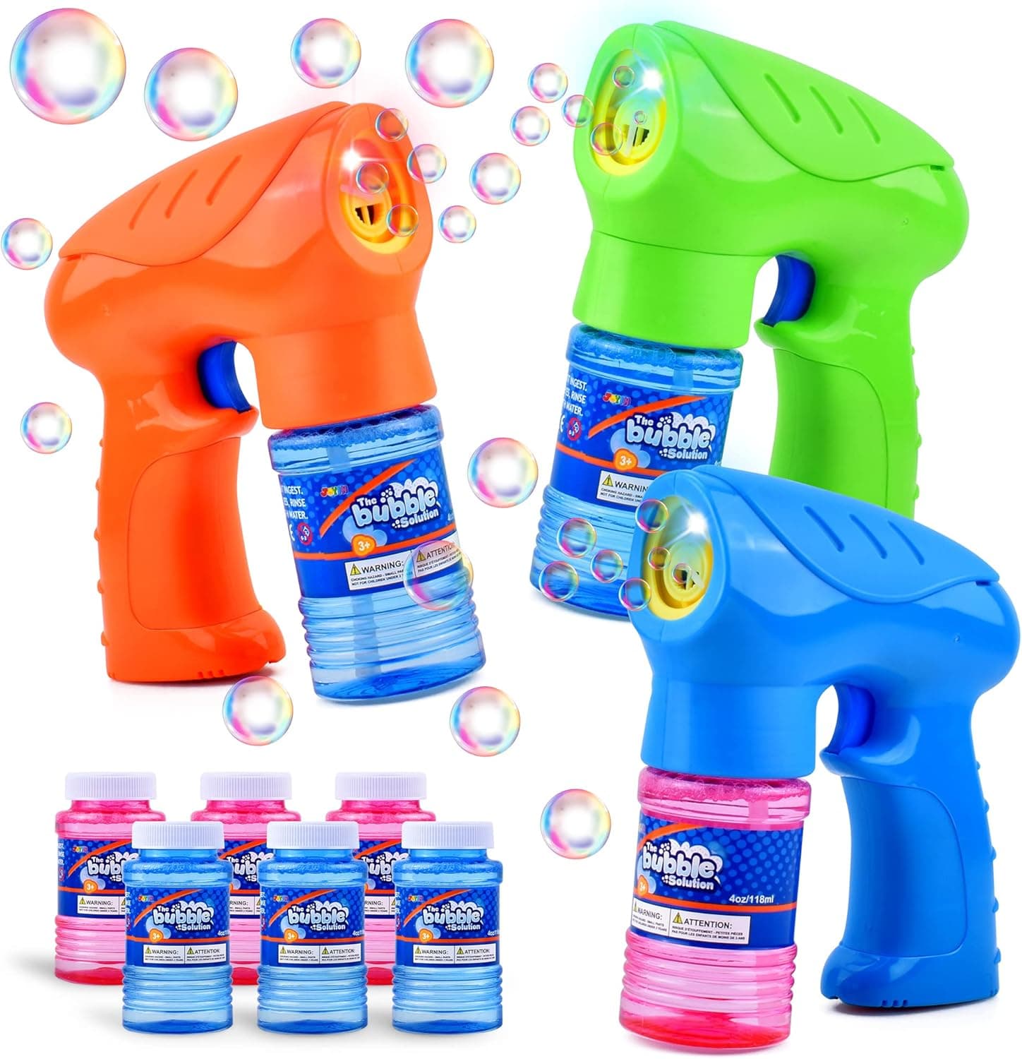 JOYIN 3 Bubble Guns Kit with 6 Bubble Solutions and Batteries, LED Solid Color Bubble Machine Blaster Party Supplies, Summer Toy, Outdoors Activity, Birthday Gift, Bubble Blower, Party Favor, Easter