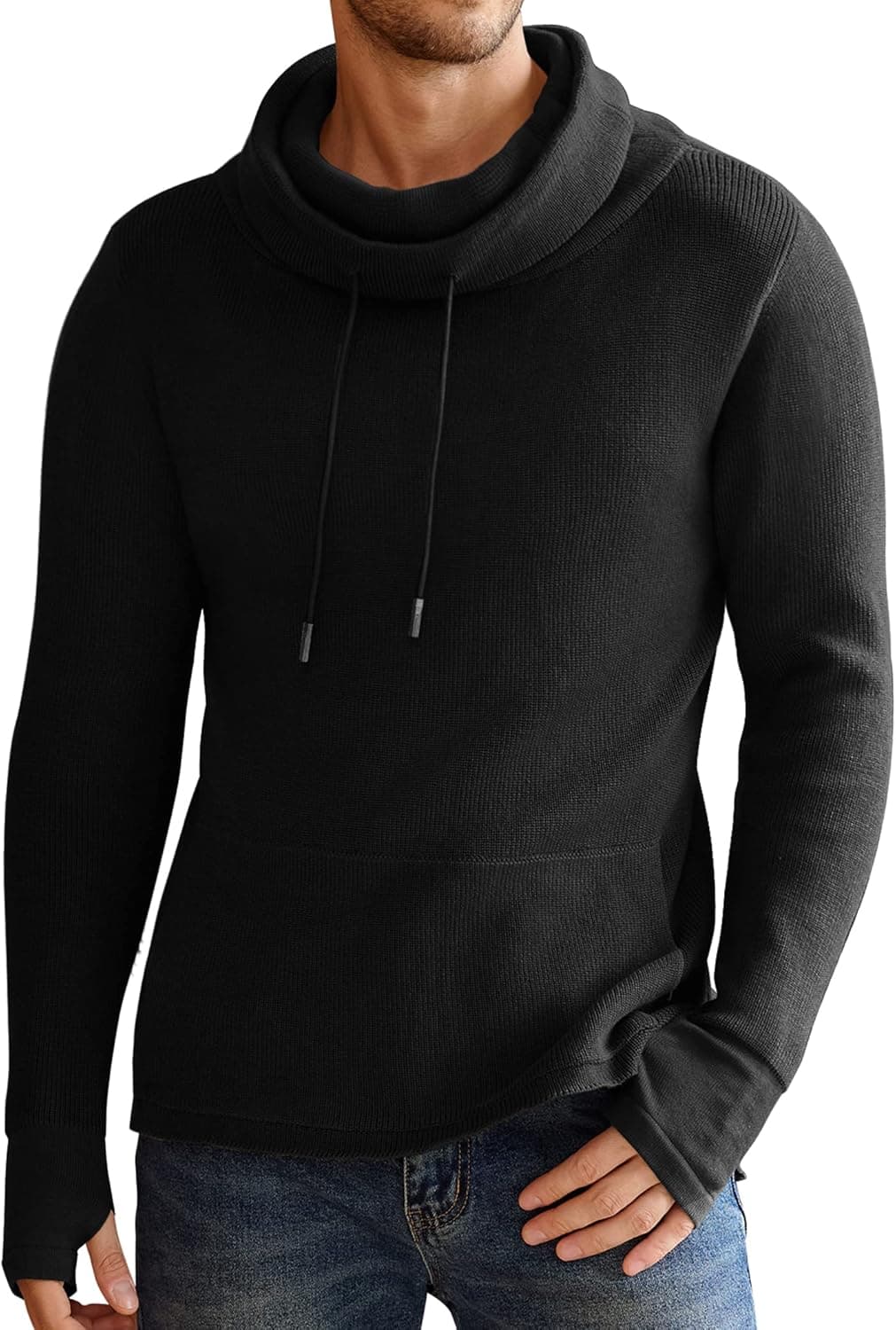 JINIDU Men’s Knitted Cotton Pullover Hoodie Long Sleeve Turtleneck Sweater