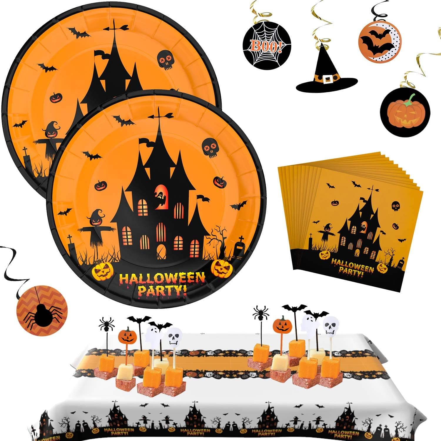 Halloween Plates Halloween Party Supplies Set, Serves 24 - Halloween Disposable Dinnerware Set, Includes 24 Halloween Plates and Napkins, 24 Cake Topper, 2 Table Cover, 12 Hanging Swirls Halloween Party Plates Orange Paper Plates