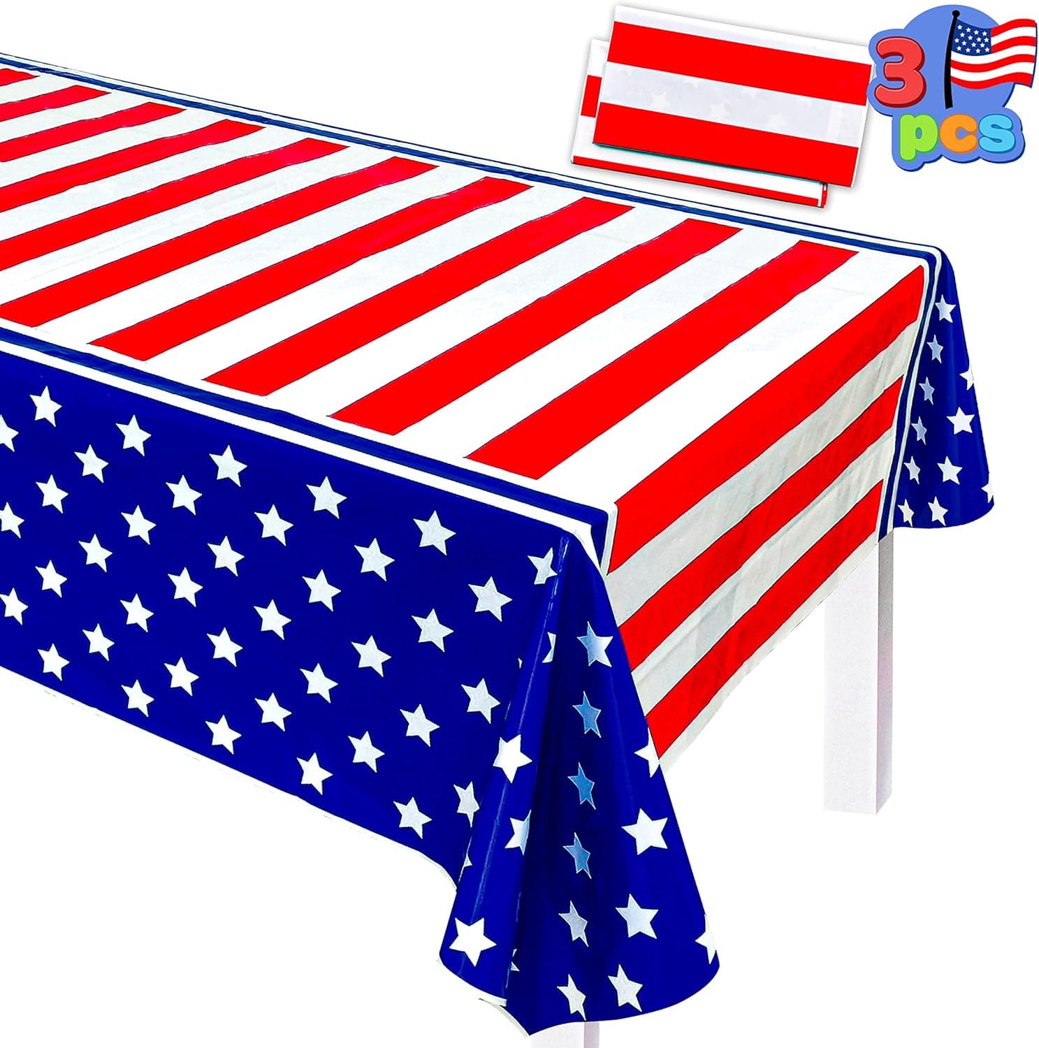 JOYIN 3 Packs 4th of July Tablecloths, 54 x 108 Inch American Flag Table Covers with Star Stripe Waterproof, Red White and Blue Decorations for 4th of July Party Favors, Independence Day, Memorial Day