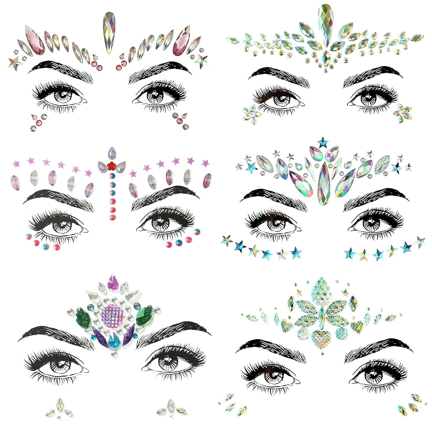 SHINEYES 6 Pcs Women Mermaid Face Gems Glitter,Rhinestone Rave Face Jewels Festival,Crystals Face Stickers, Eyes Face Body Temporary Tattoos