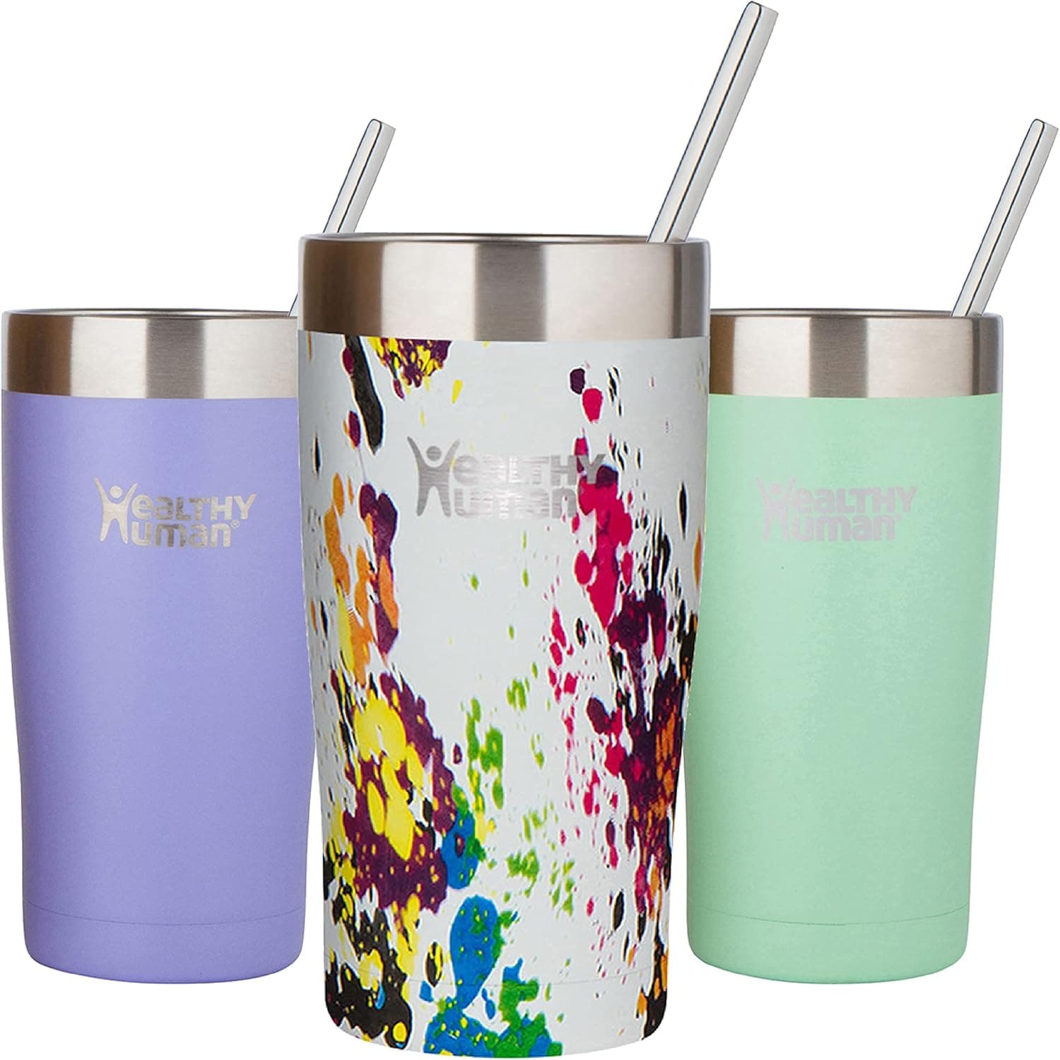Healthy Human Stainless Steel Tumbler with Straw & Lid | Splash Proof Insulated Travel Cup | Eco-Friendly Coffee Tumblers | Water Cups with Straws Cleaner and Splash Proof Lids (20oz, Art Deco)