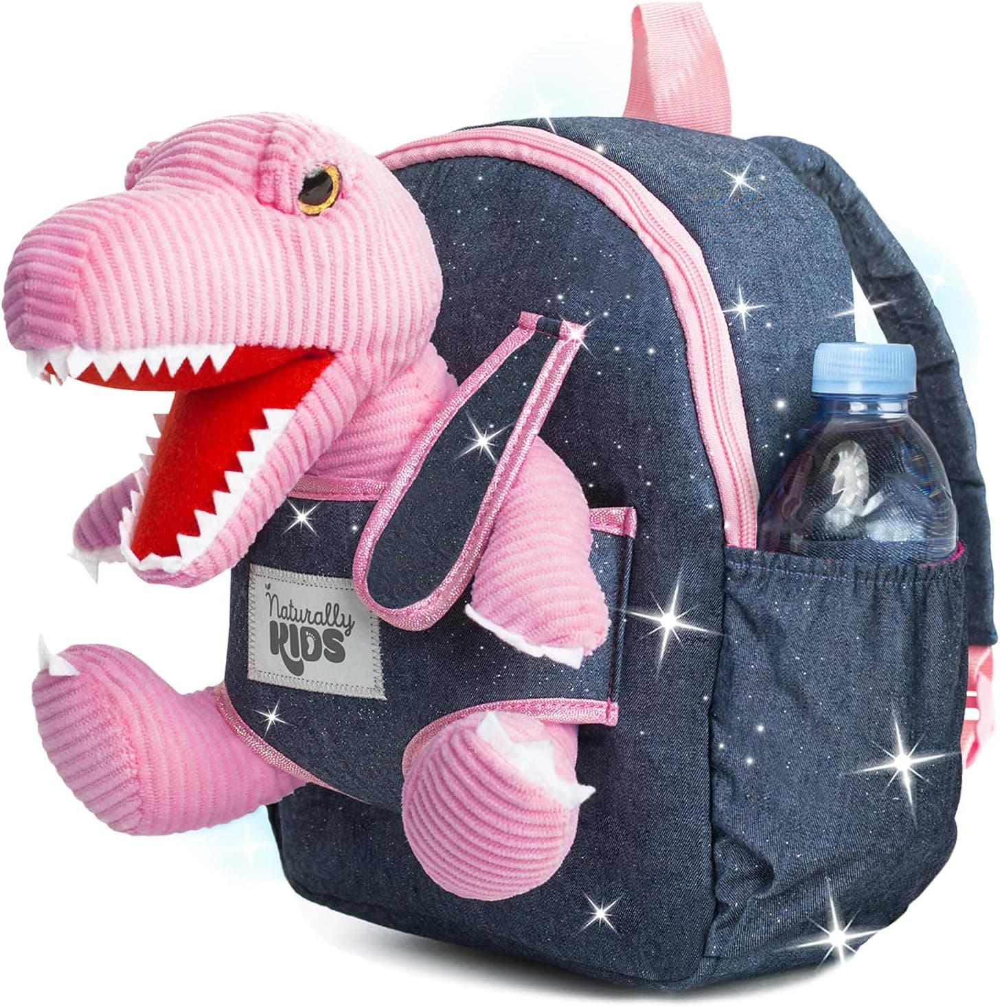 Naturally KIDS Small Dinosaur Backpack - Dinosaur Toys for Kids 3-5 - Toddler Backpack for Boy w Stuffed Animal - Toys for 3 Year Old Girl Gifts - w Pockets & Reflective Logo - Backpack w Pink T Rex