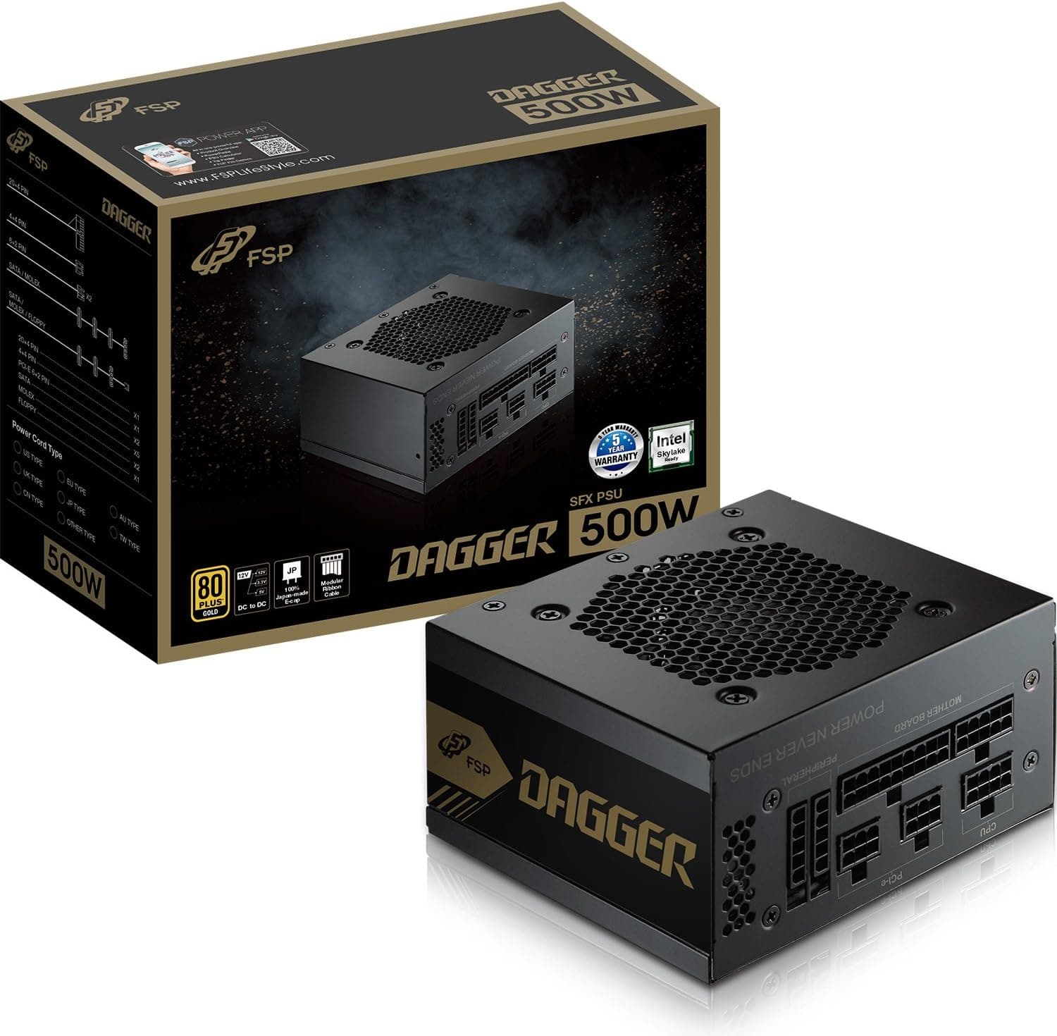 FSP Dagger 500W Mini ITX Solution/SFX 12V / Micro ATX 80 Plus Gold Certified Full Modular VR / 4K Ready Gaming Power Supply (SDA500)