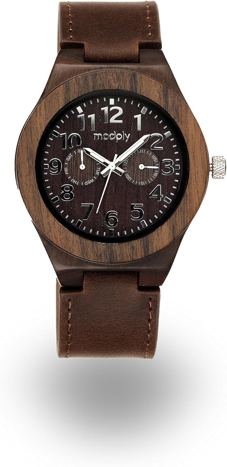 Handmade Mens Wooden Watch - Blackwood and a Dark Brown Authentic Leather Band – Silver Face