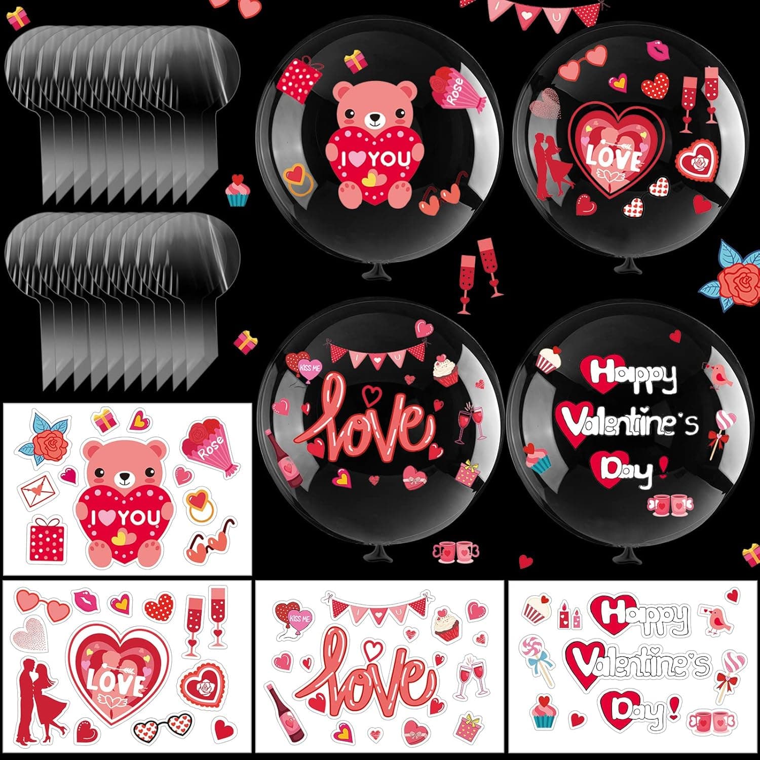 16 Sheet Valentine's Day Bobo Balloon Stickers with 20 Pcs Valentines Bobo Balloons 18 Inch Transparent Balloon for DIY Decoration Valentine Day Anniversary Wedding Supplies