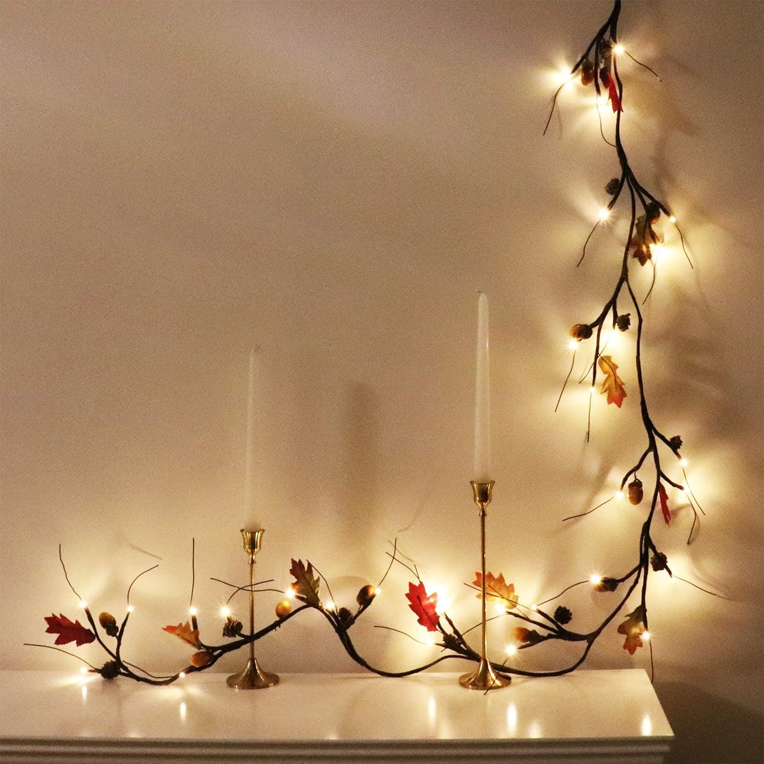 LOFTPLUS LED Acorn & Pine Garland 60 LED Warm White String Light Dual-power Battery or AC Adapter Operated with Timer 7.2ft