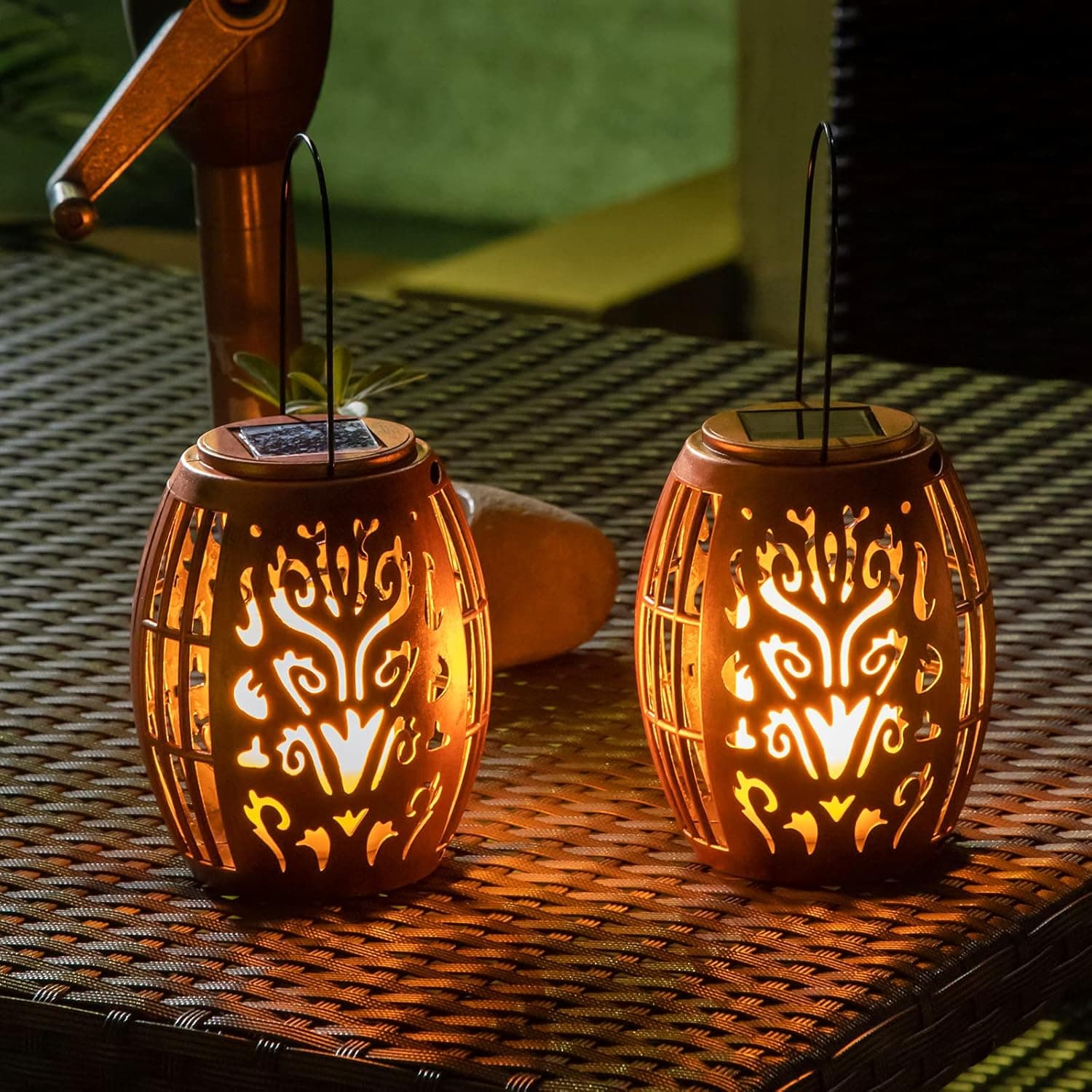 2Pack Solar Outdoor Lanterns, Hanging Solar Lanterns Outdoor, LED Flickering Candle Decorative Garden Solar Lights for Table, Patio, Yard, Porch, Tree Decorations (Copper)