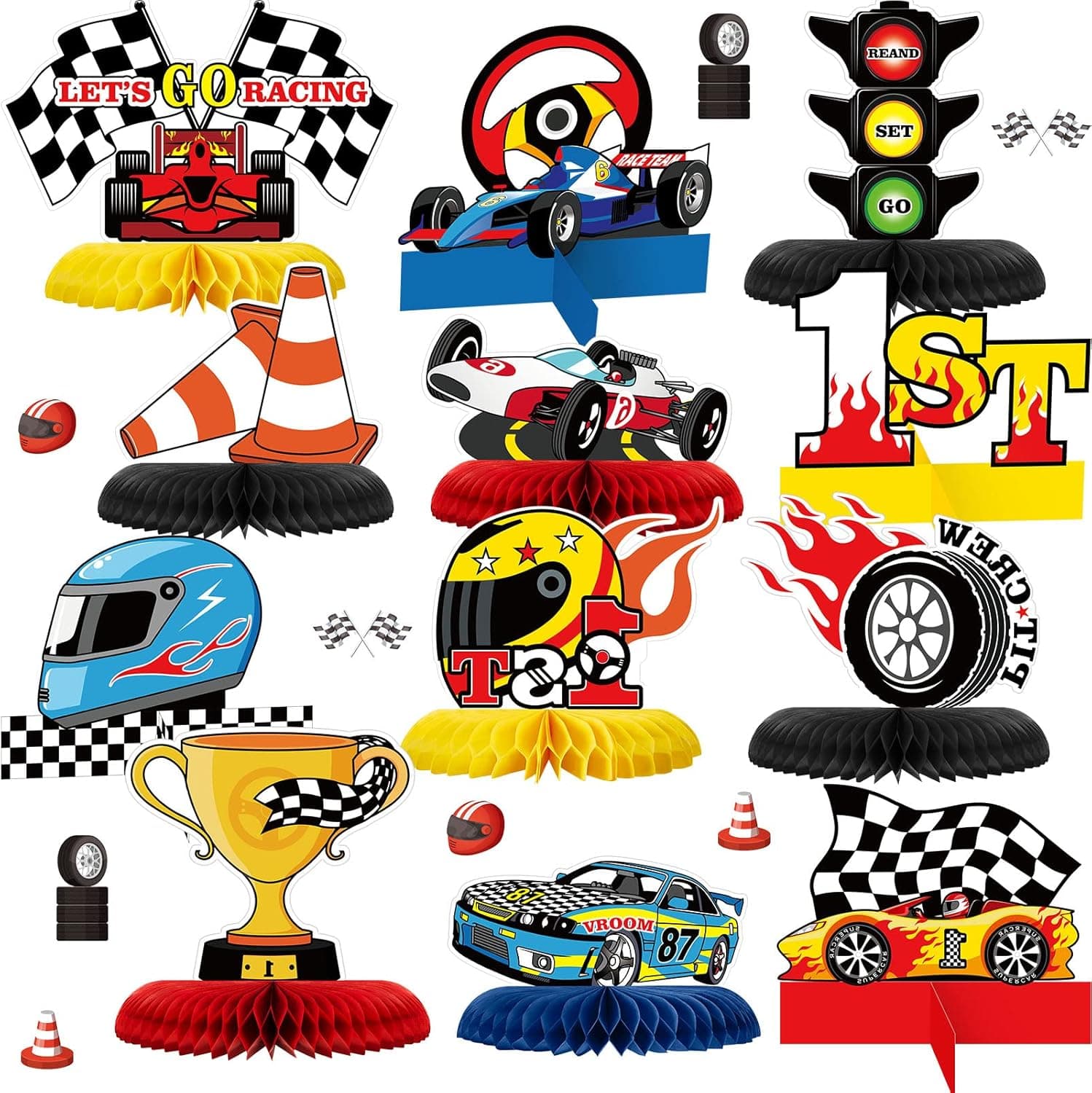 12 Pieces Race Car Party Honeycomb Centerpieces Racing Birthday Party Centerpieces Racing Car Wheels Party Table Toppers Checkered Flags Party Decorations for Baby Shower Birthday Party Decorations