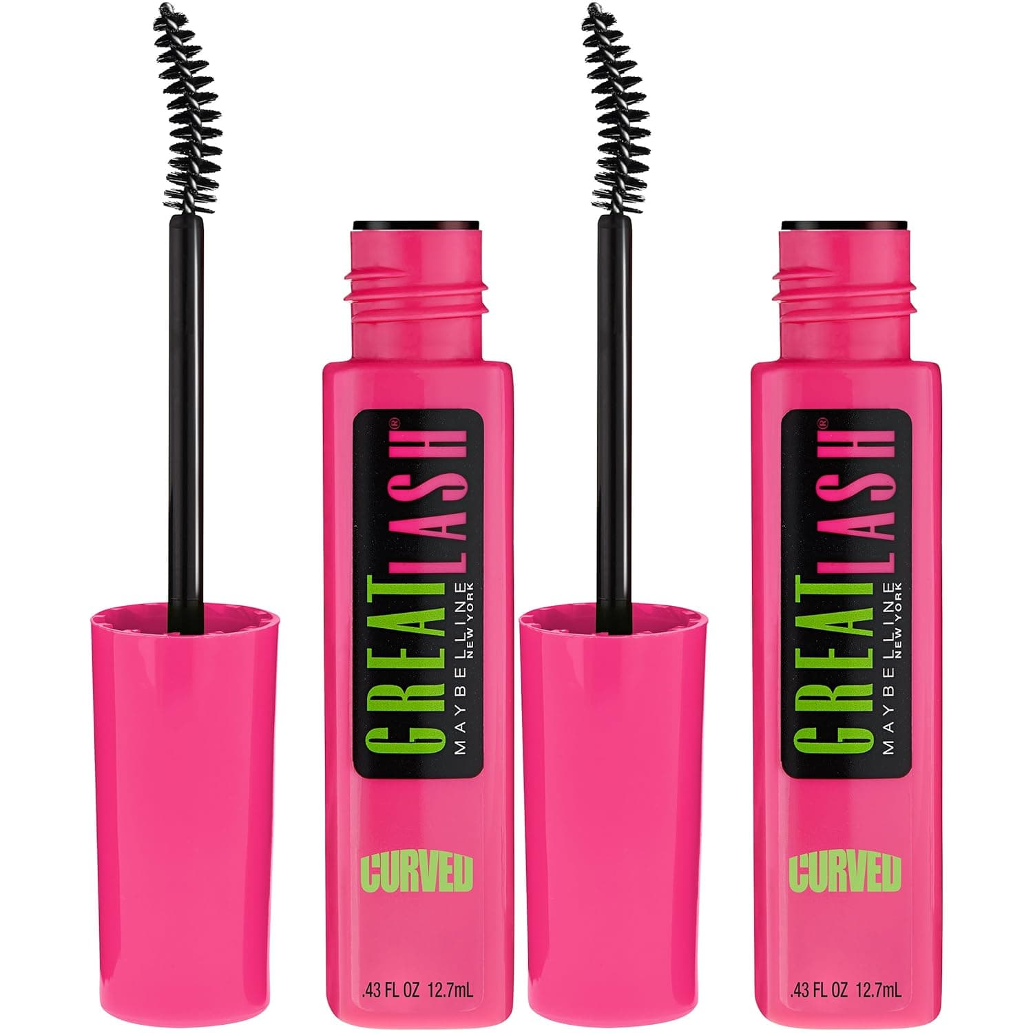 Maybelline New York Great Lash Curved Brush Washable Mascara Makeup, Blackest Black, 2 Count