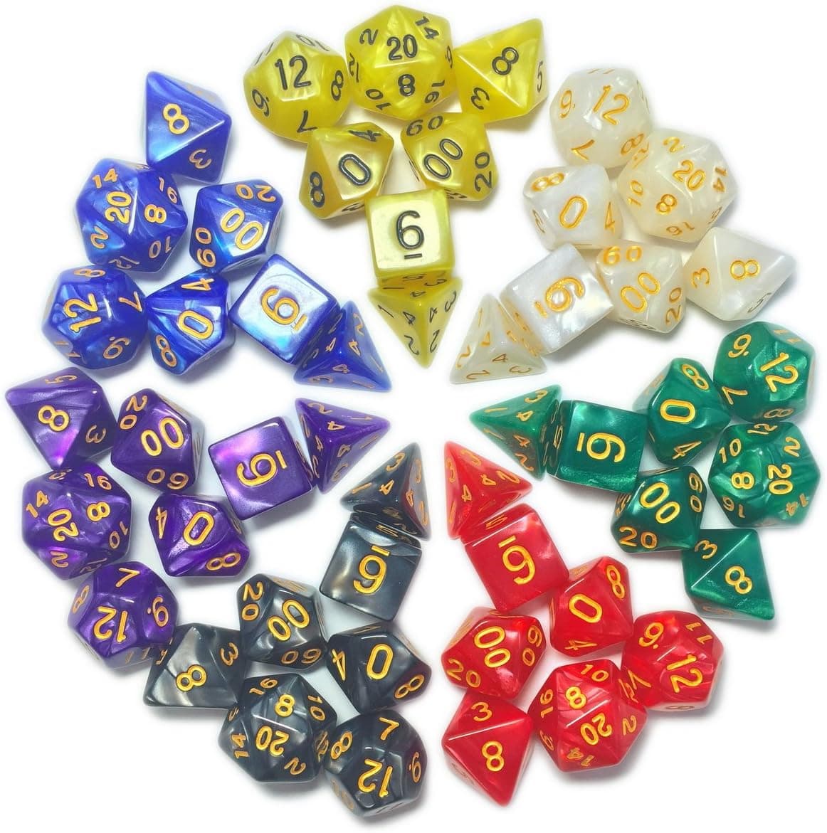 Multi-sided Dices, Games Dice for Dungeons & Dragons DND RPG MTG Dice Opaque 6 Colors-with Gold Ink(6 x 7 die) by Ivyfield
