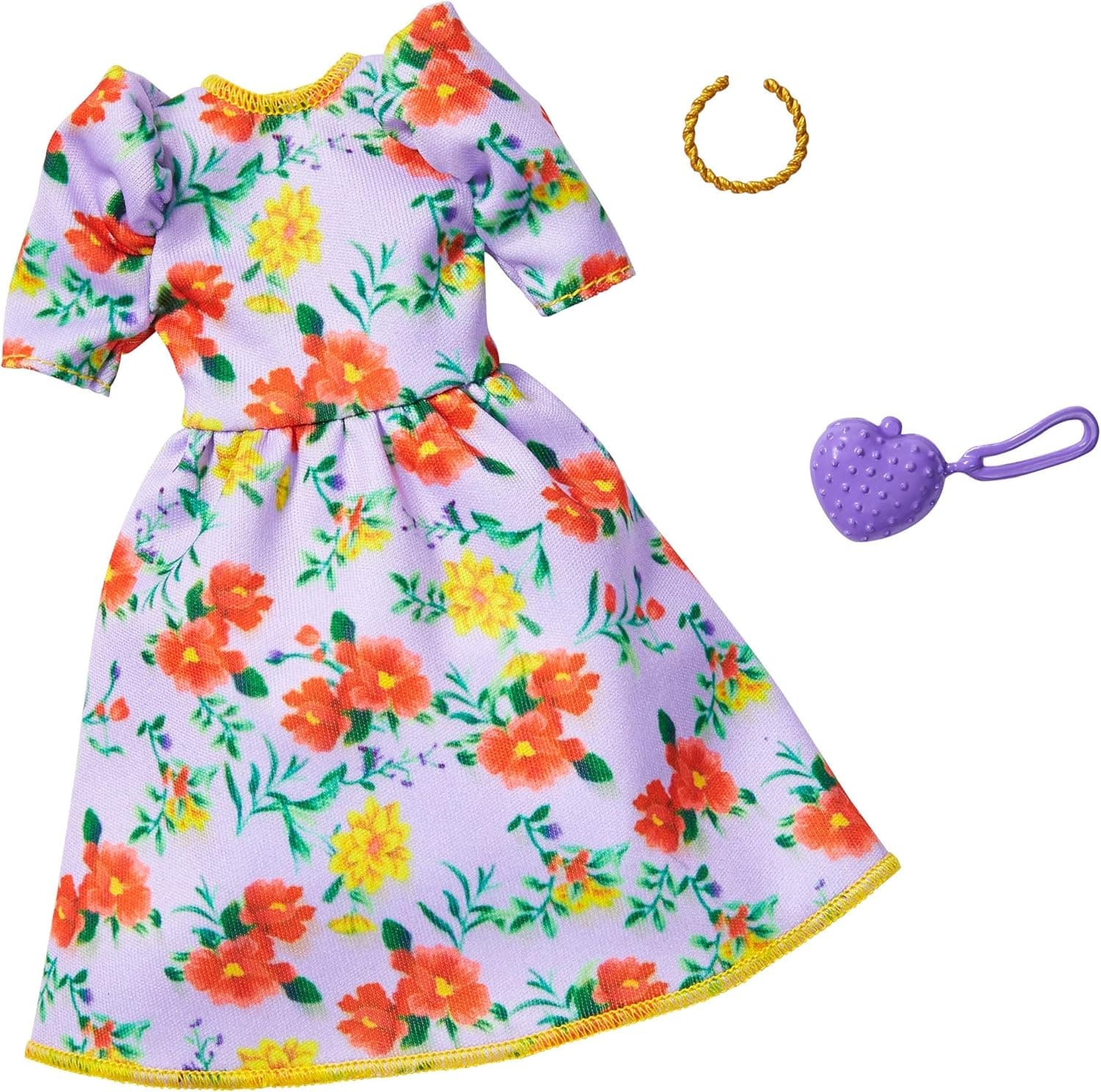 Barbie Fashion Pack with Orange & Yellow Floral Dress, Necklace & Heart-Shaped Purse, Doll Clothes for Kids 3 to 8 Years Old