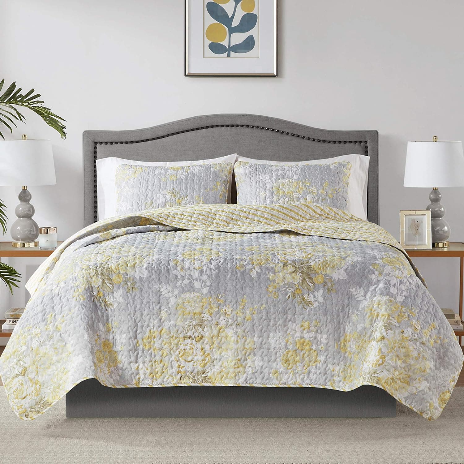Hyde Lane Queen Quilt Set | | Size: 90x90 - Mila Grey Yellow Floral | Light Winter Reversible Bedspread Comforter | 3 Piece : 1 Quilt + 2 Shams