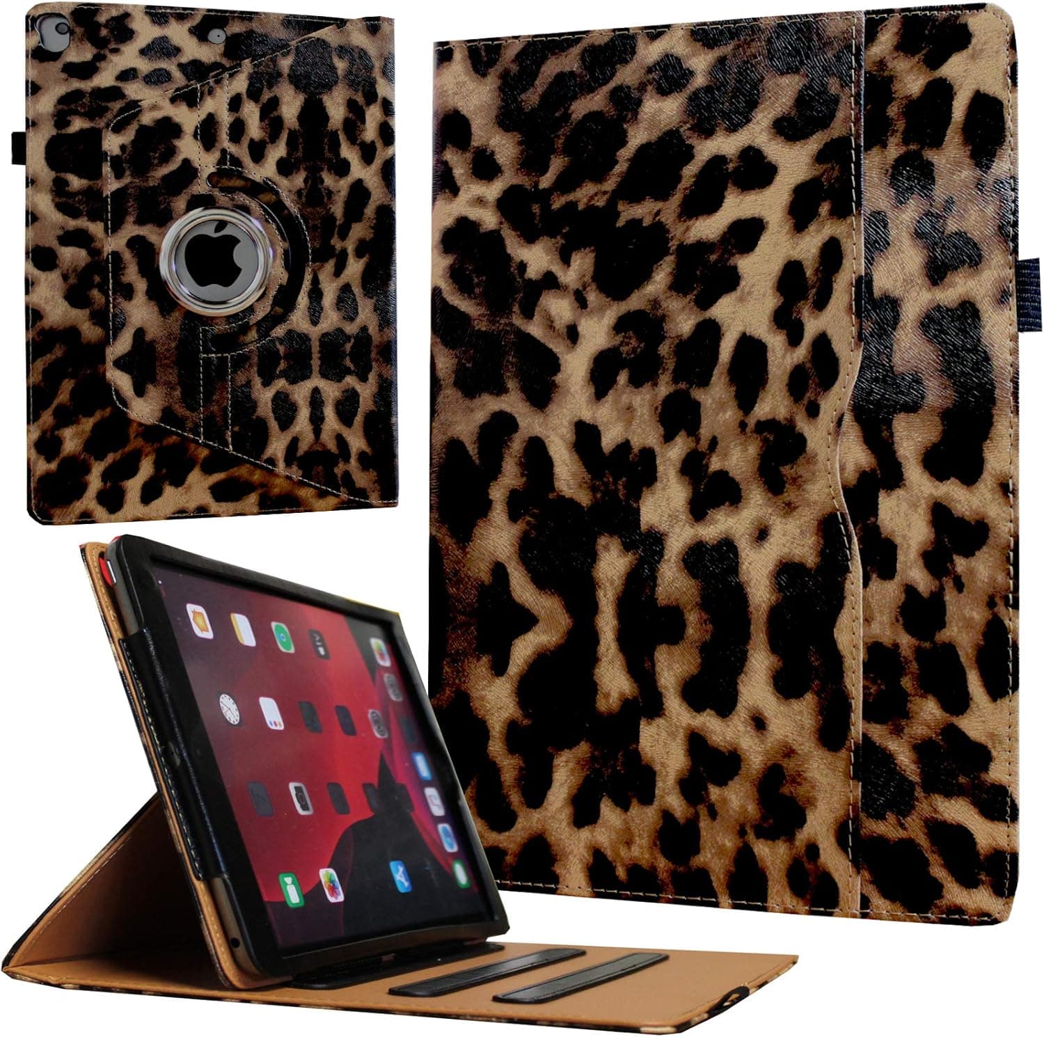 JYtrend Case for iPad 9.7 (2018) 6th/(2017) 5th Generation, iPad Air 1 (2013)/Air 2 (2014), 360 Rotating Multi-Angle Viewing Stand Smart Cover with Pocket and Pen Holder, Auto Wake Up/Sleep (Leopard)