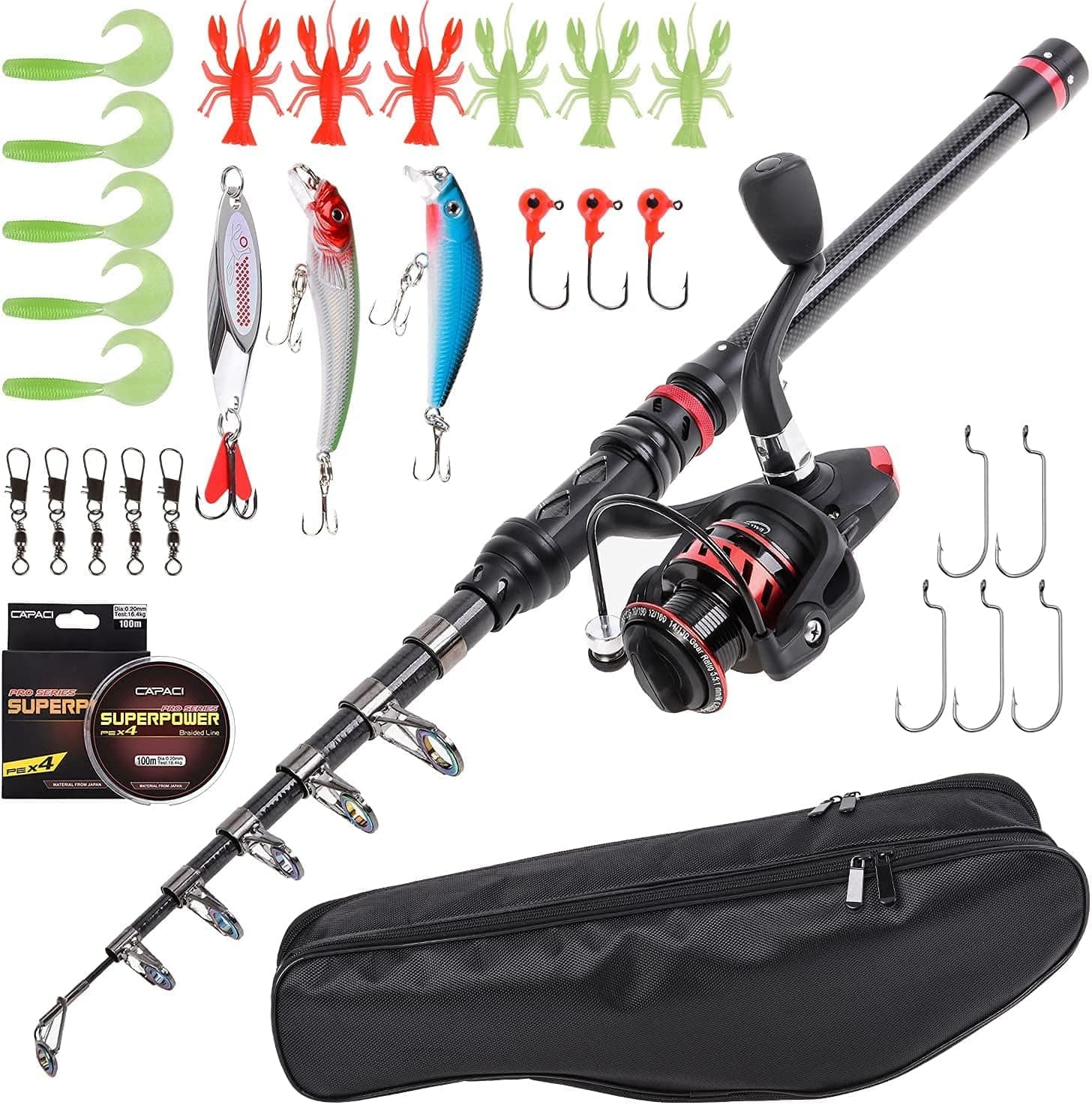 Lixada Fishing Rod and Reel Combo Carbon Fiber Telescopic Fishing Rod with Spinning Reel Combo Carrier Bag Case Saltwater Freshwater Travel Fishing Lures Jig Hooks Swivels Full Kit